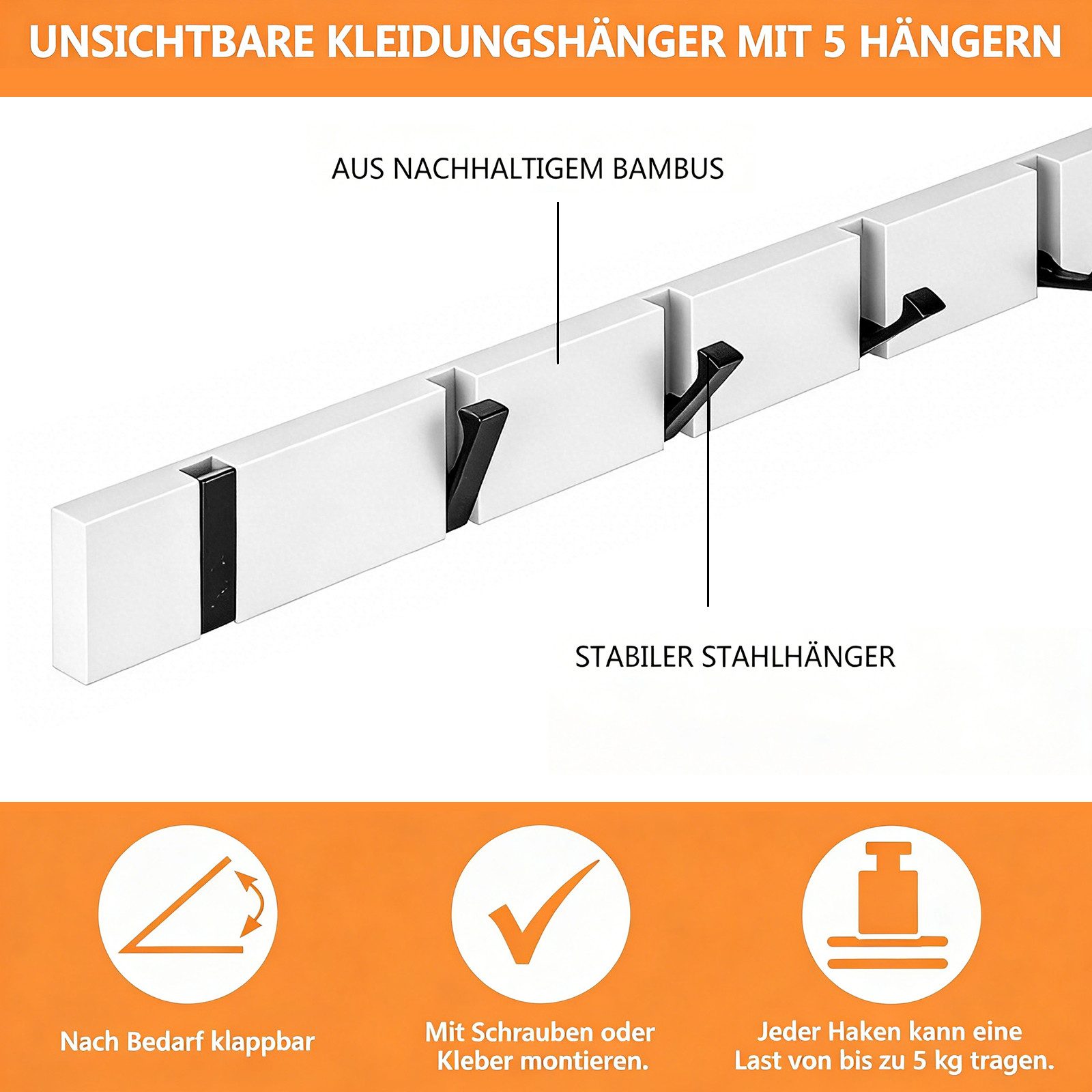 BlingBin Garderobenhaken Garderobenleiste klappbar mit 5 versenkbaren Haken, Holz/Aluminium (1er Set, 1 St., 50 × 5,5 × 2 cm), Kleiderhaken aus Holz & Aluminium,für Jacken, Mäntel, Taschen und Hüte
