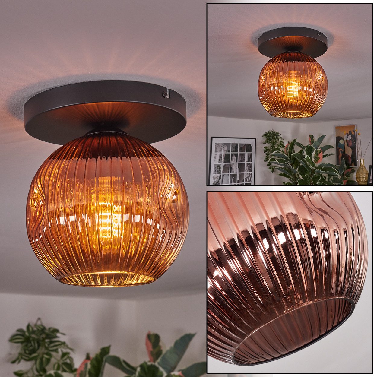 Deckenleuchte Deckenlampe aus Metall/Riffelglas in Schwarz/Kupferfarben