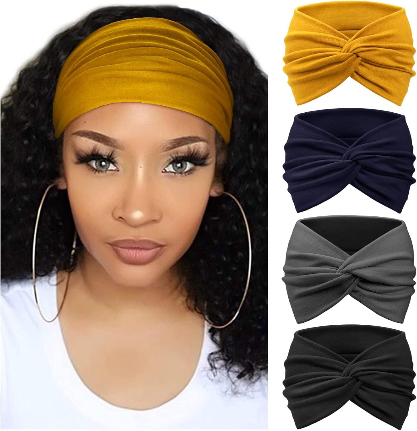 Zaewry Haargummi 4 Stück Stirnbänder Damen Boho Breite Haarband Weiche Yoga Stirnband