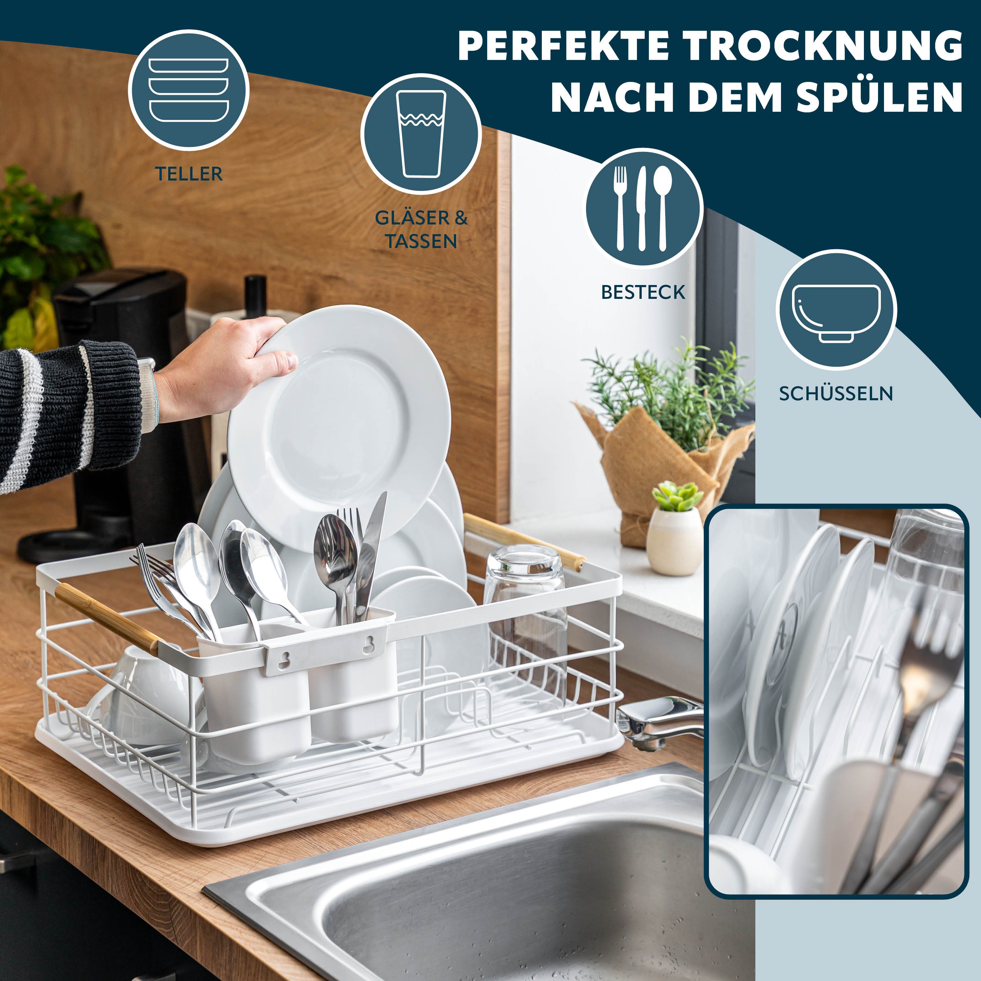 eluno Geschirrständer Metall-Abtropfgestell mit Abtropfschale für Geschirr mit Besteckhalter – Bild 3 von 5