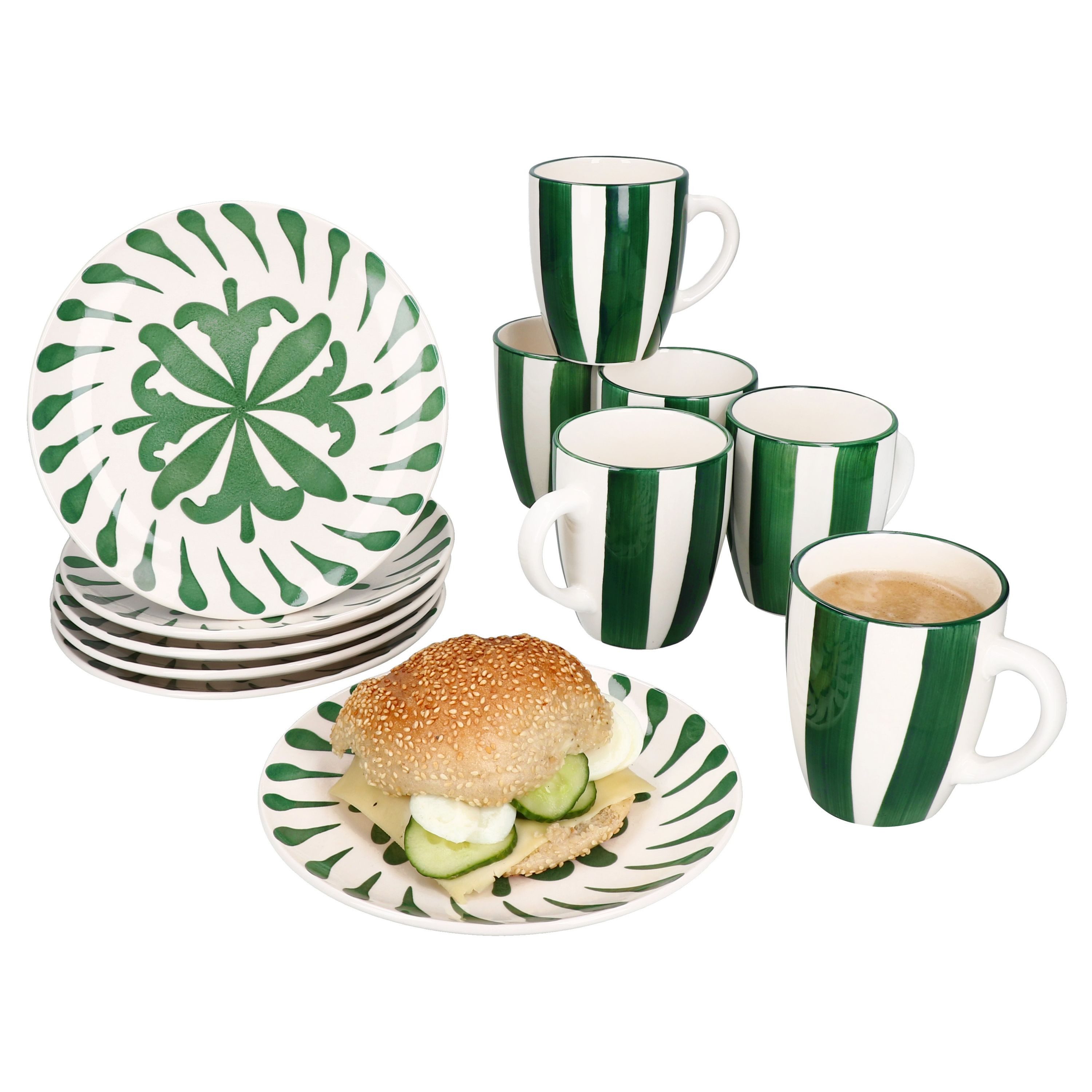 Frühstücks-Geschirrset 12tlg Frühstücksset Wald grün Steingut 6 Personen Teller Becher
