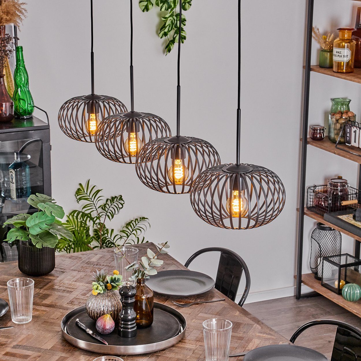 hofstein Hängeleuchte Hängelampe aus Metall/Glas in Schwarz/Chromfarben, ohne Leuchtmittel, Leuchte mit Glasschirmen(30cm),max. 154cm, 4 x E27, ohne Leuchtmittel