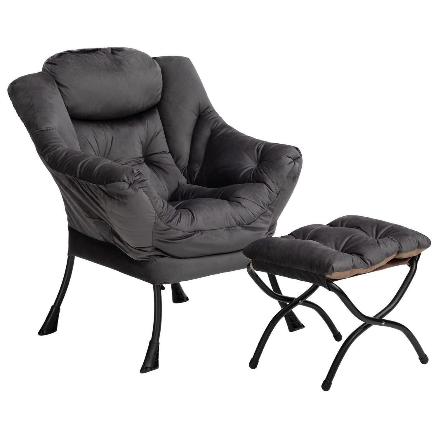 LuxusKollektion Ohrensessel Sessel Ohrensessel Relaxsessel Samt Hocker Dunkelgrau mit Fußhocker (1-St)