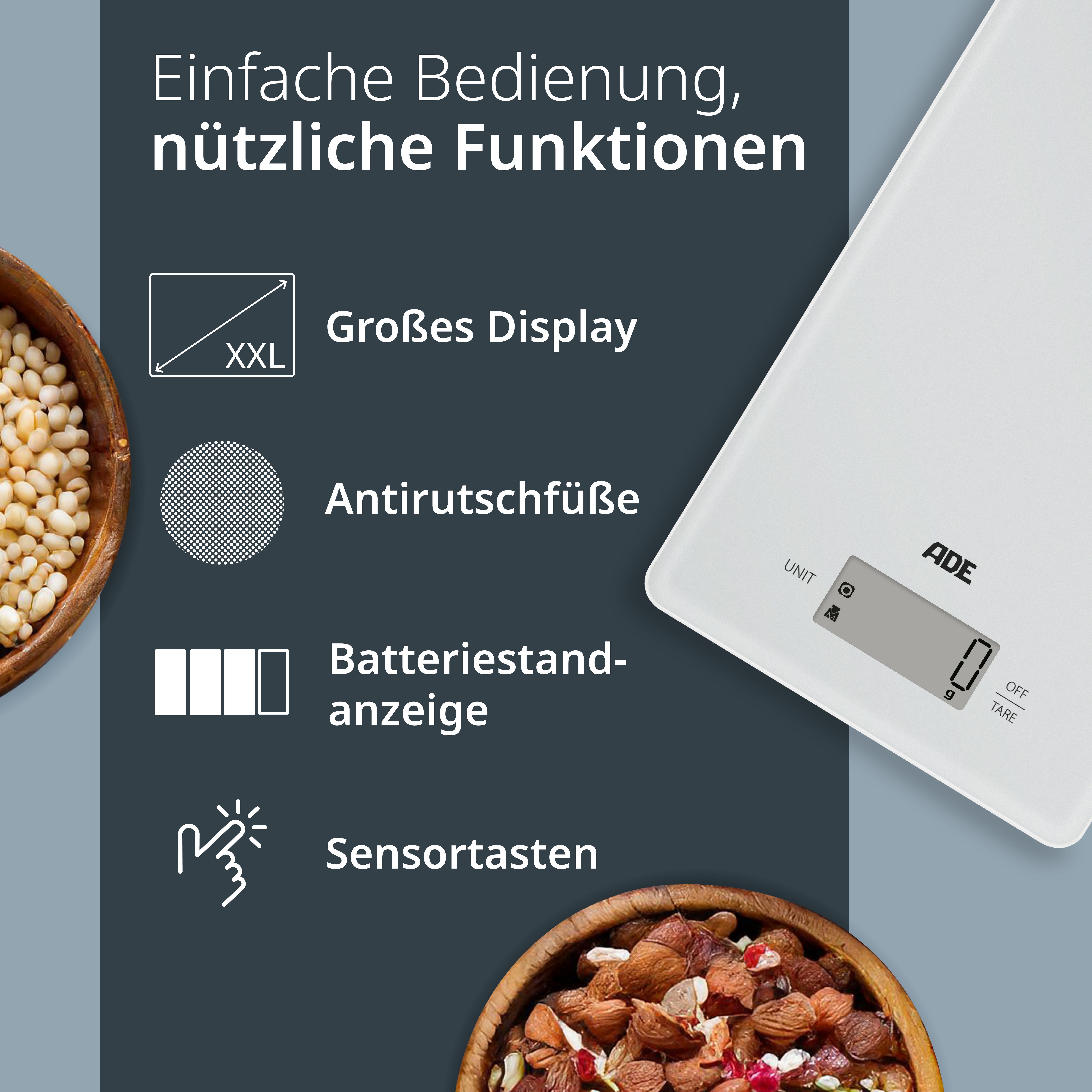 ADE Küchenwaage digital, präzise Grammwaage bis 5kg mit großem Display, extra flache Bauart, mit Öse zum Aufhängen