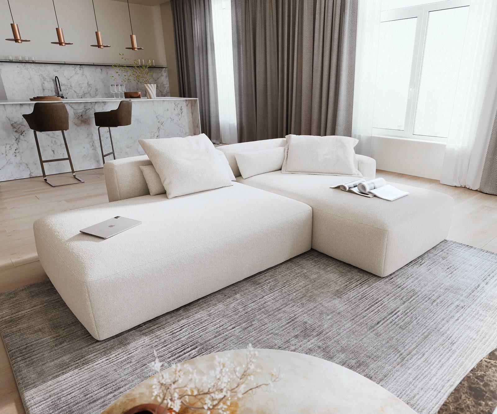DELIFE Sofa Freestyle, Pure Bouclé Soft Beige 310x200 cm