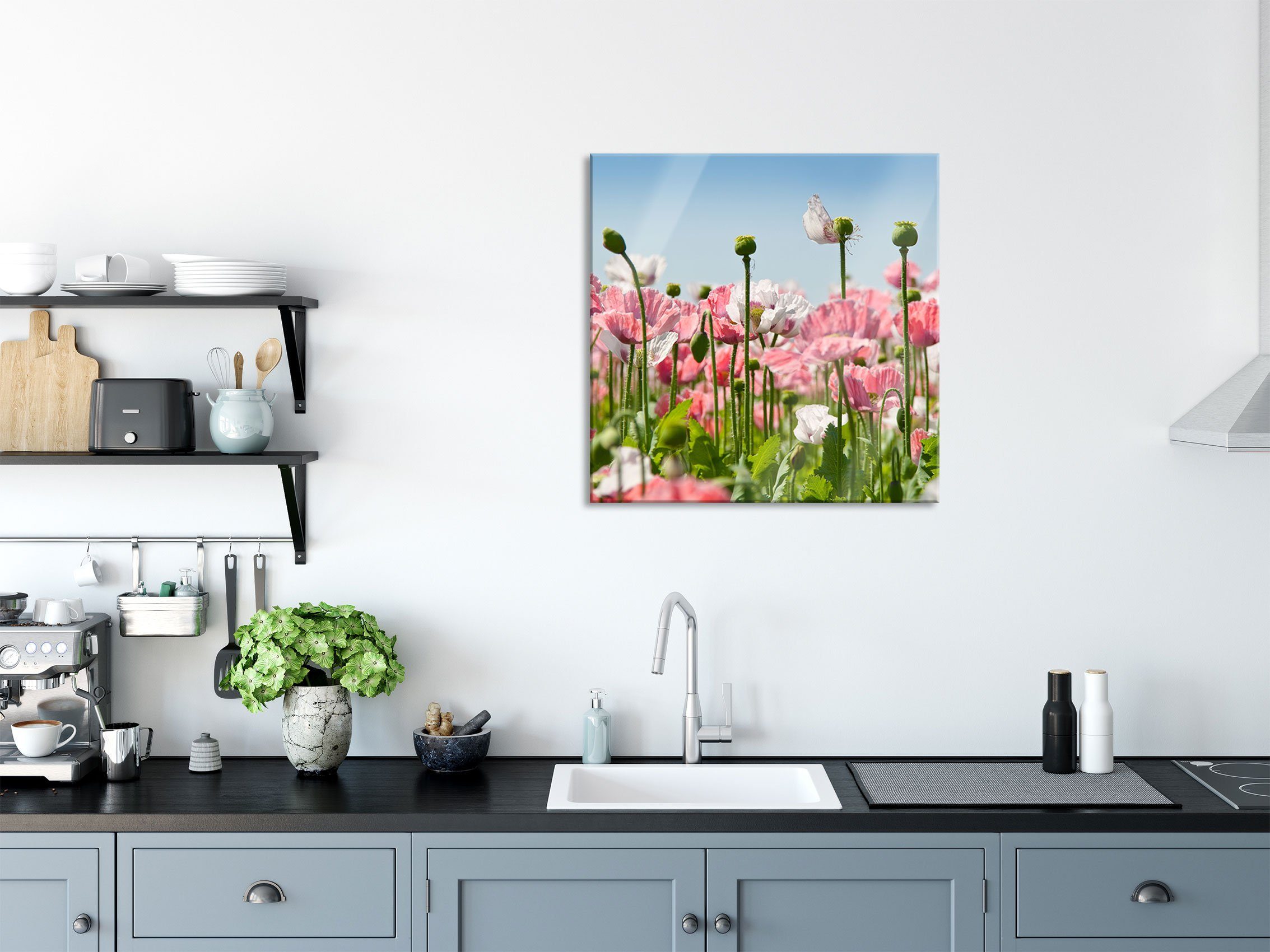 Aufhängungen Pixxprint Blumenwiese Glasbild inkl. Mohnblumen Glasbild Blumenwiese Mohnblumen, und aus Echtglas, (1 Abstandshalter St),