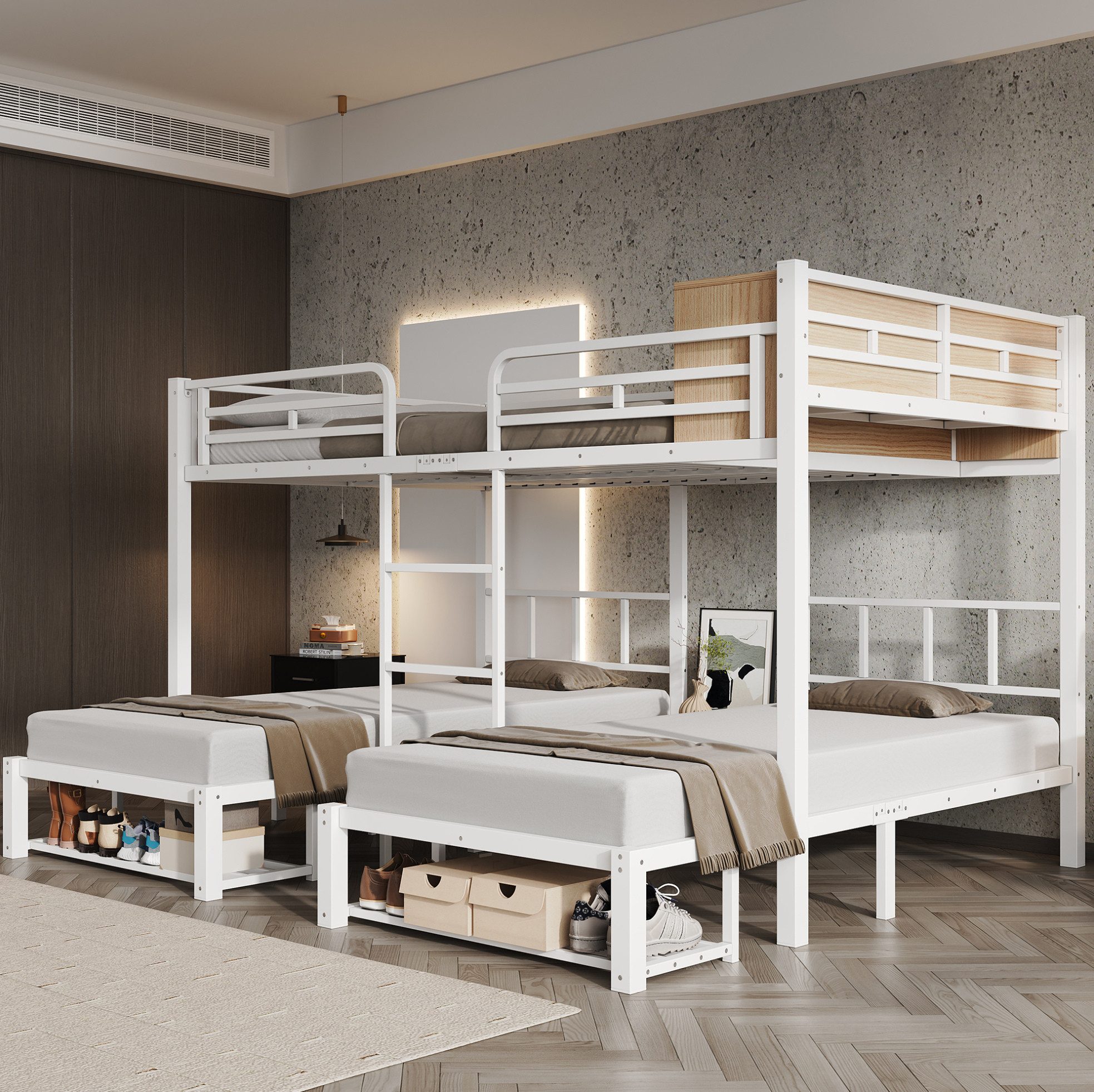 REDOM Etagenbett Metallbett mit drei Liegeflächen, praktischem Ablageregal (140x200 cm + 90x200 cm Kinderbett, mit Schuhfach und platzsparender Leiter, Jugendbett Funktionsbett), ohne Matratze