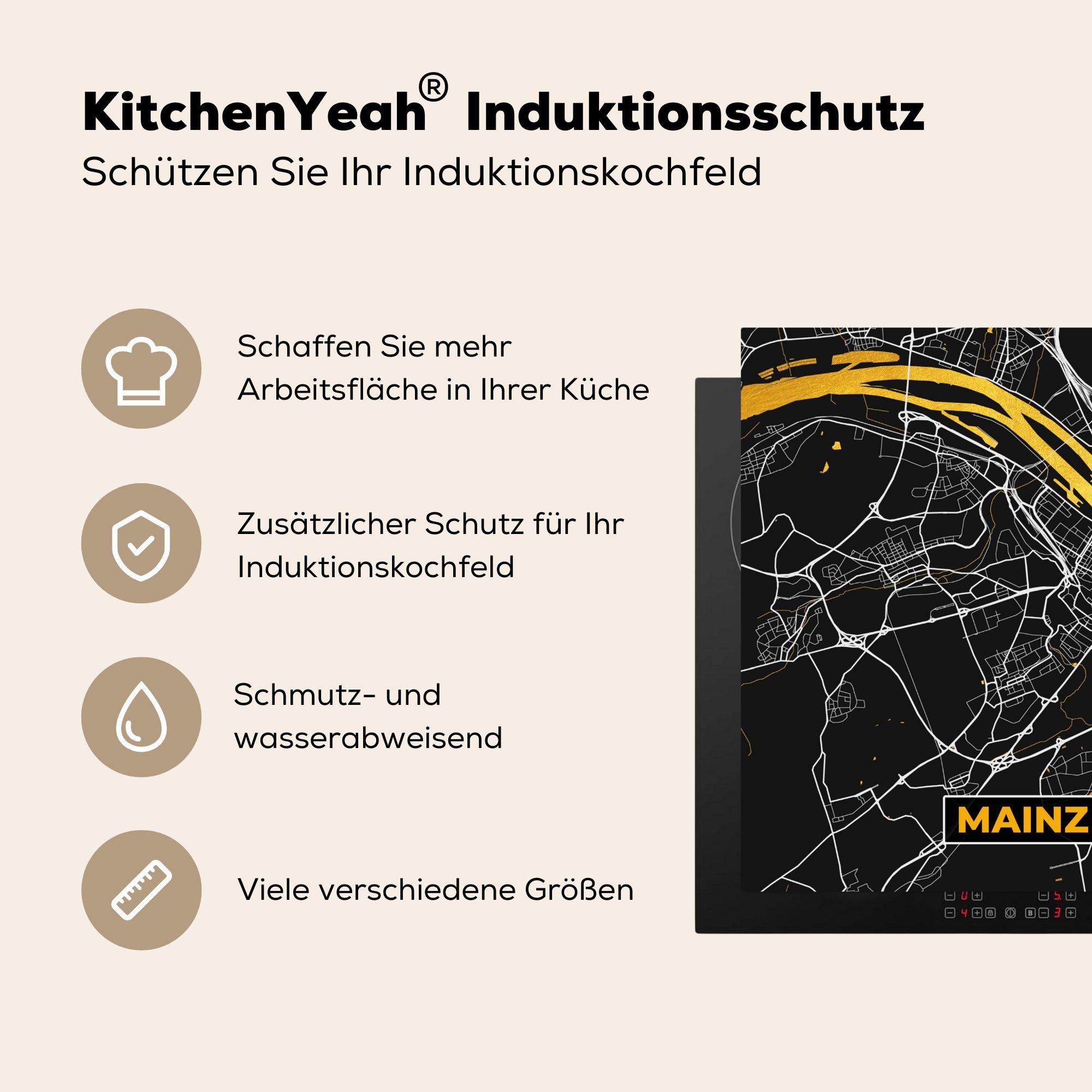 78x78 - cm, MuchoWow Gold, Vinyl, küche (1 Ceranfeldabdeckung, für - - Stadtplan Karte Herdblende-/Abdeckplatte tlg), Mainz Deutschland - Arbeitsplatte