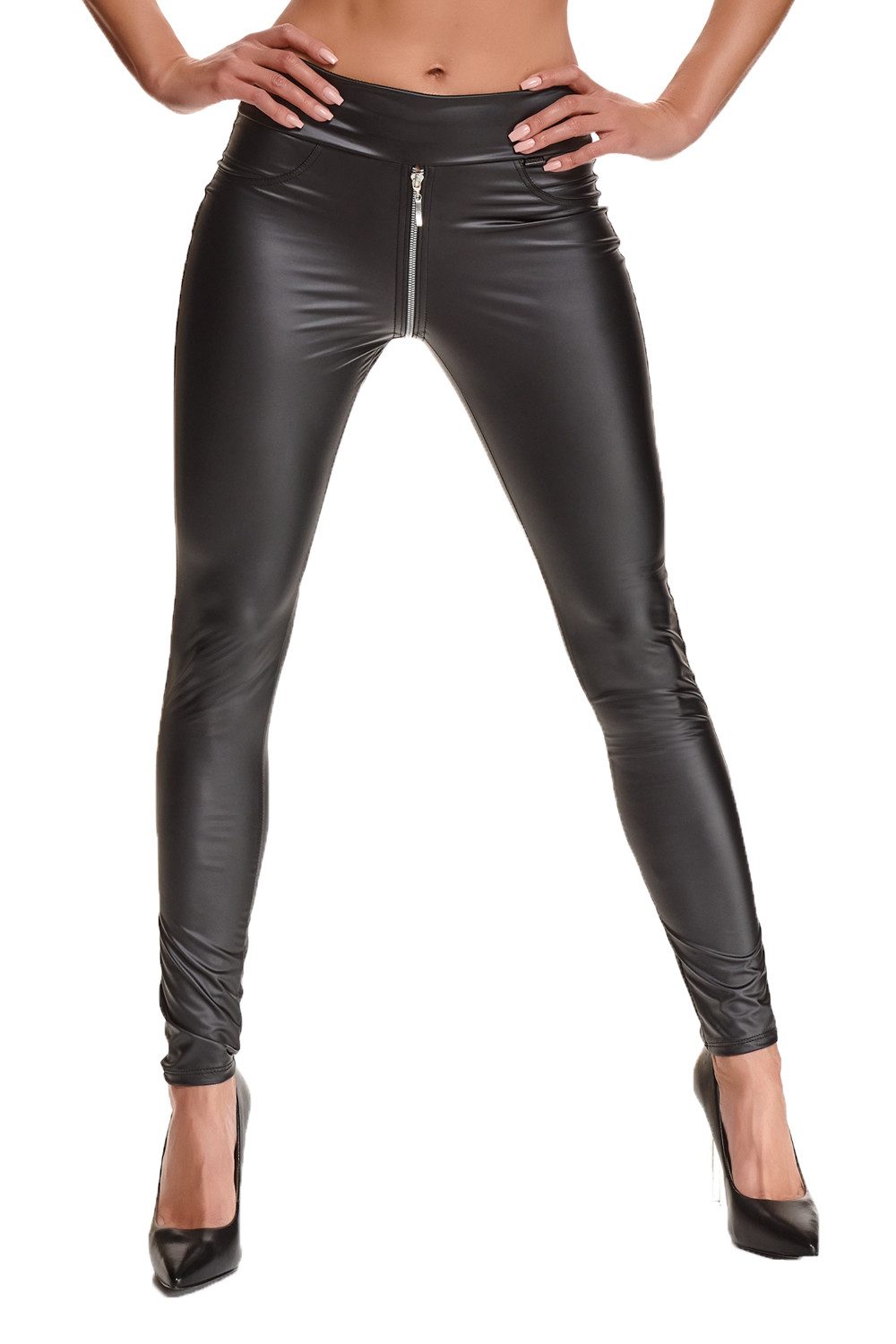 Demoniq Leggings Schwarze Leggings Hose aus wetlook Material elastisch Damen eng