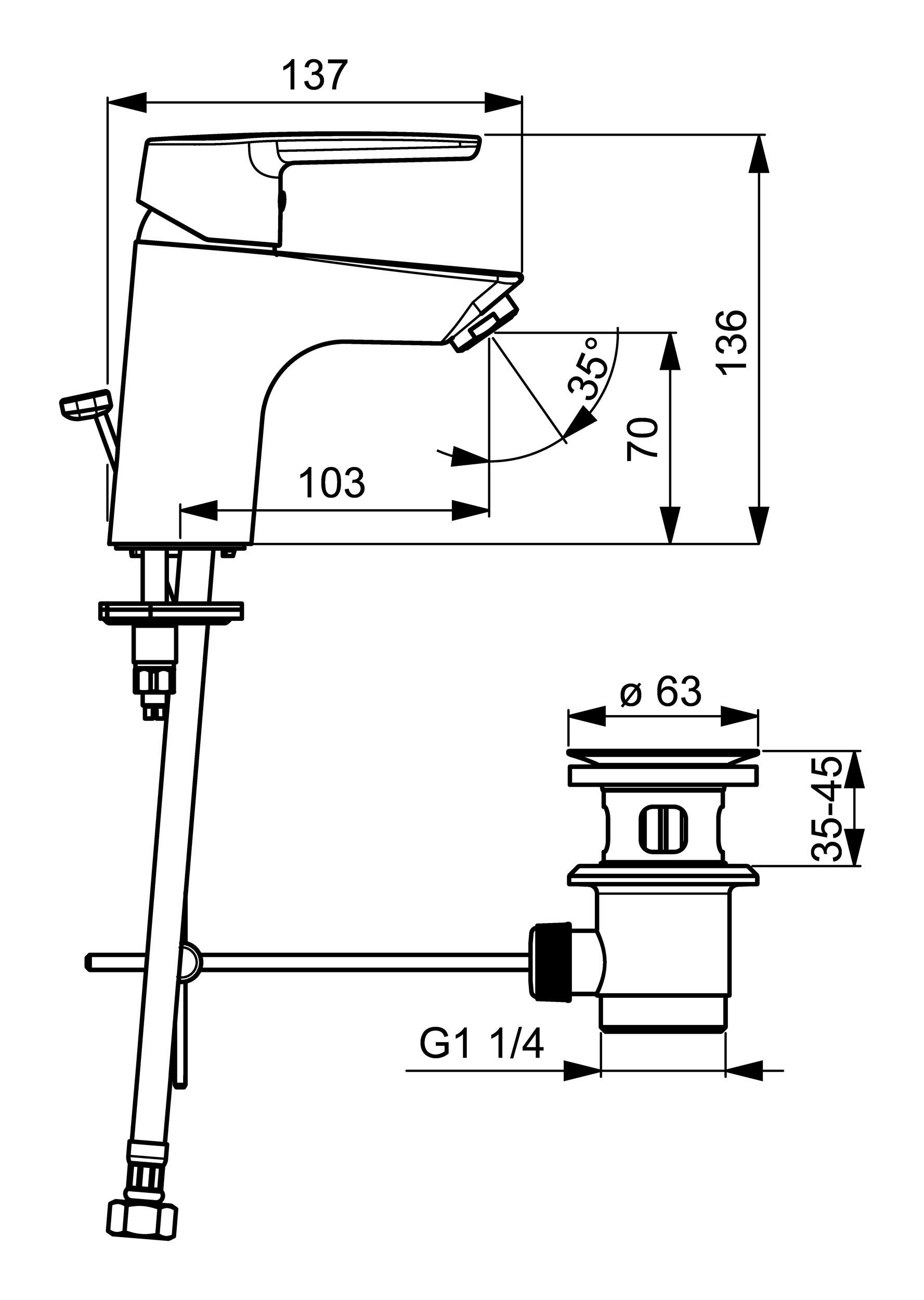 Waschtischarmatur Ausladung Hansapolo 103 mm HANSA Zugstangen-Ablaufgarnitur Einhand-Einlochbatterie mit