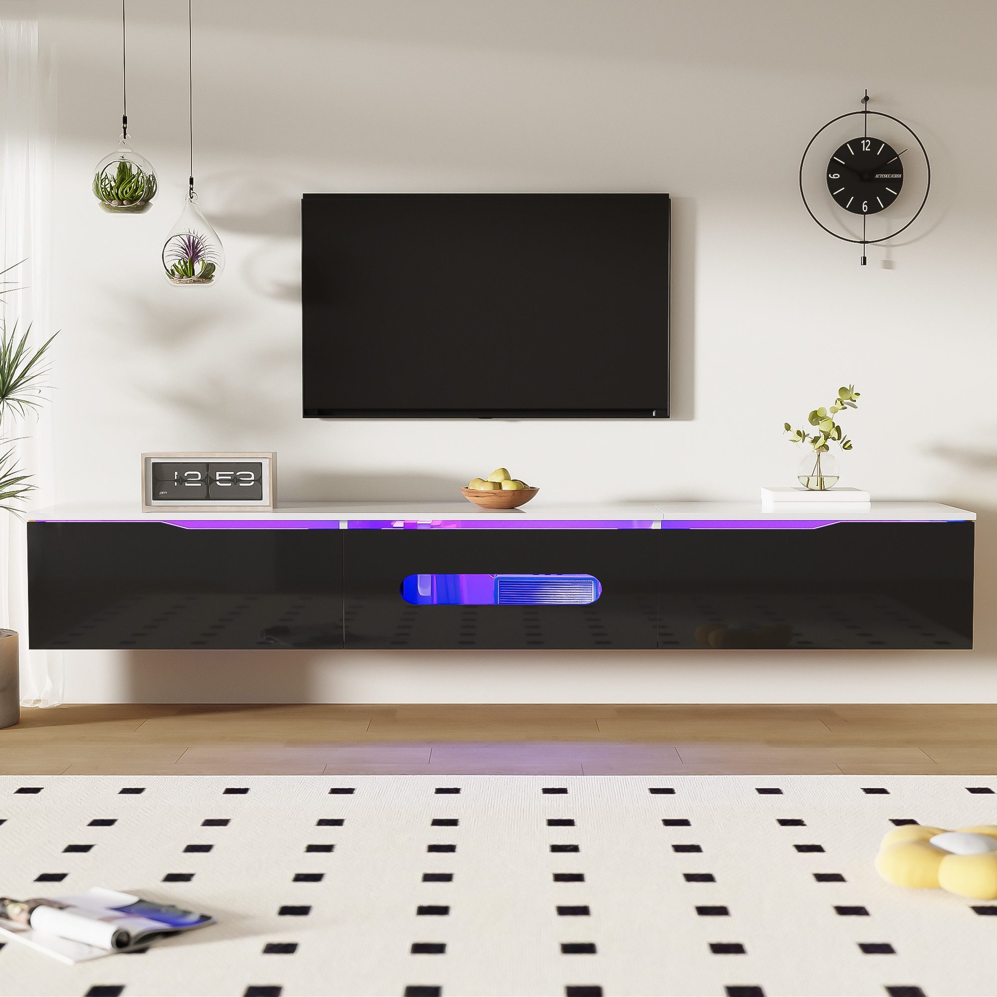 MODFU Lowboard mit gedämpften Scharnieren (Fernsehtisch,TV-Board,TV-Ständer, TV-Panel, TV-Glasschrank, 1 St., wandmontierbar oder bodenmontierbar), Hochglanzoberfläche, mit 16-farbiger LED-Beleuchtung