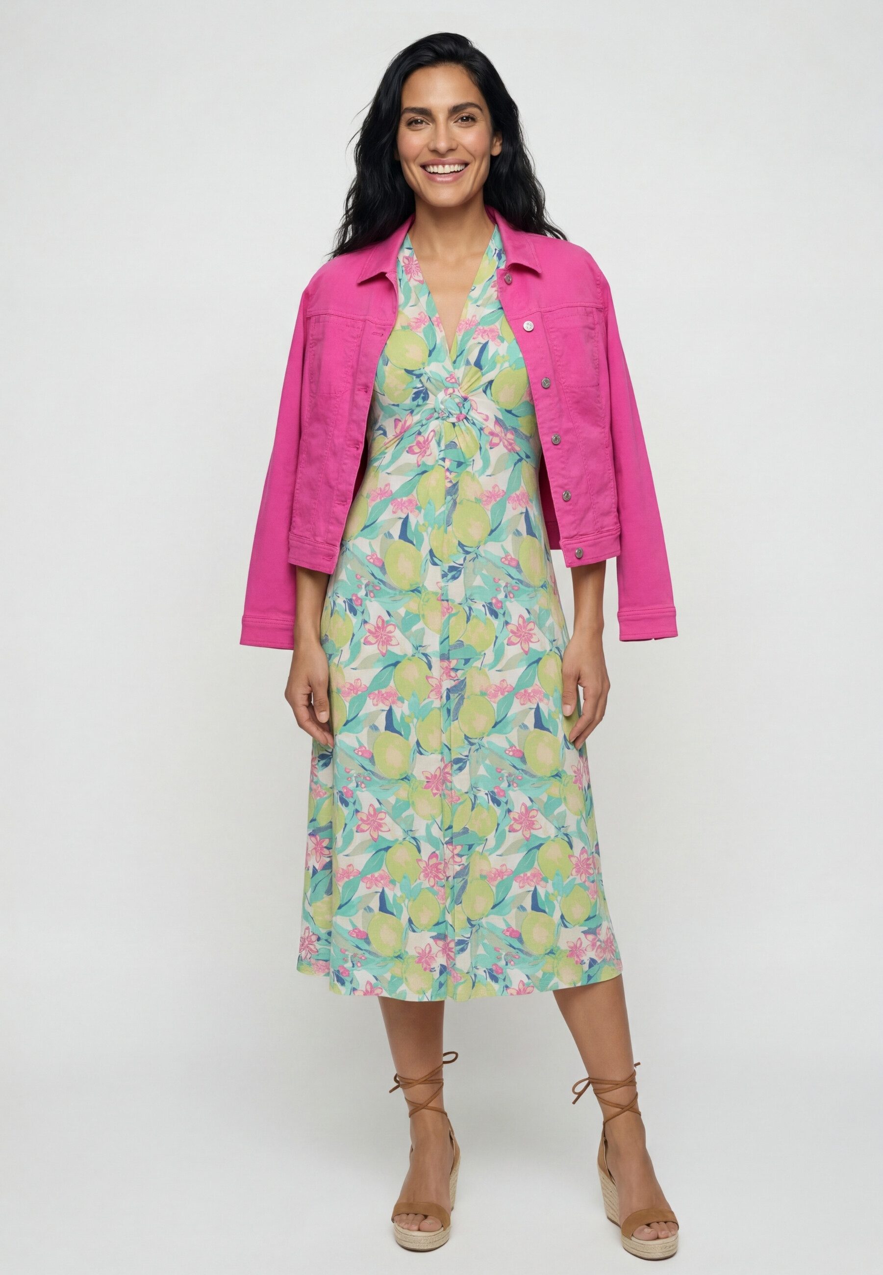 Olsen Midikleid Jerseykleid mit Allover-Dessin und Raffdetail