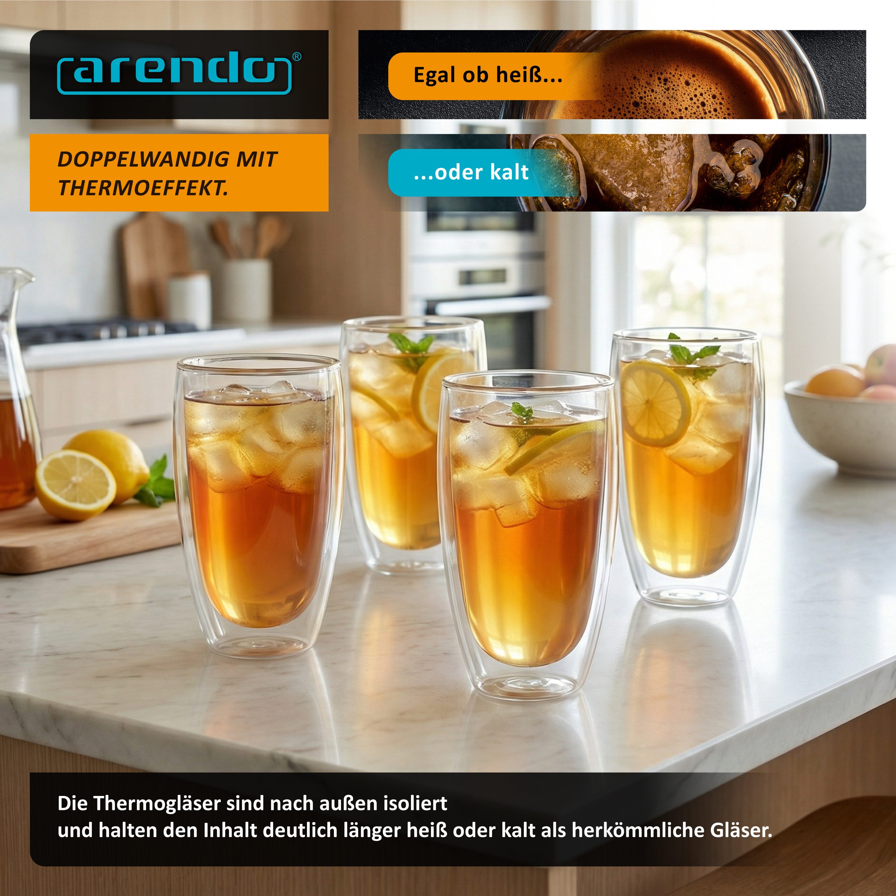 Arendo Gläser-Set doppelwandige Thermogläser, 450 ml Kaffeetasse, Trinkglas ohne Henkel, 8-tlg., Glas, für Latte Macchiato, Cappuccino, Tee, hitzebeständig spül – Bild 4 von 5
