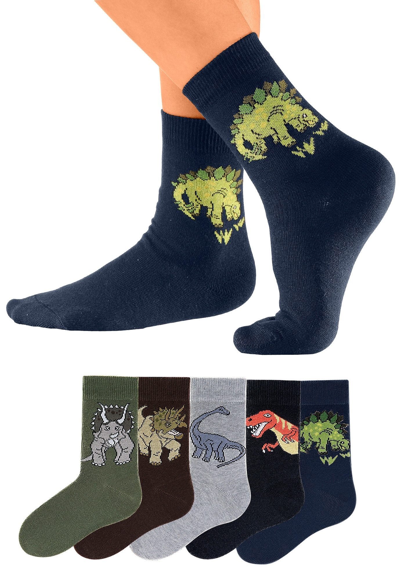 H.I.S Socken Kindersocken Jugendliche Motivsocken (Packung, 5-Paar, Gr. 19-22 bis 39-42) mit Dinosauriermotiven – Bild 4 von 5
