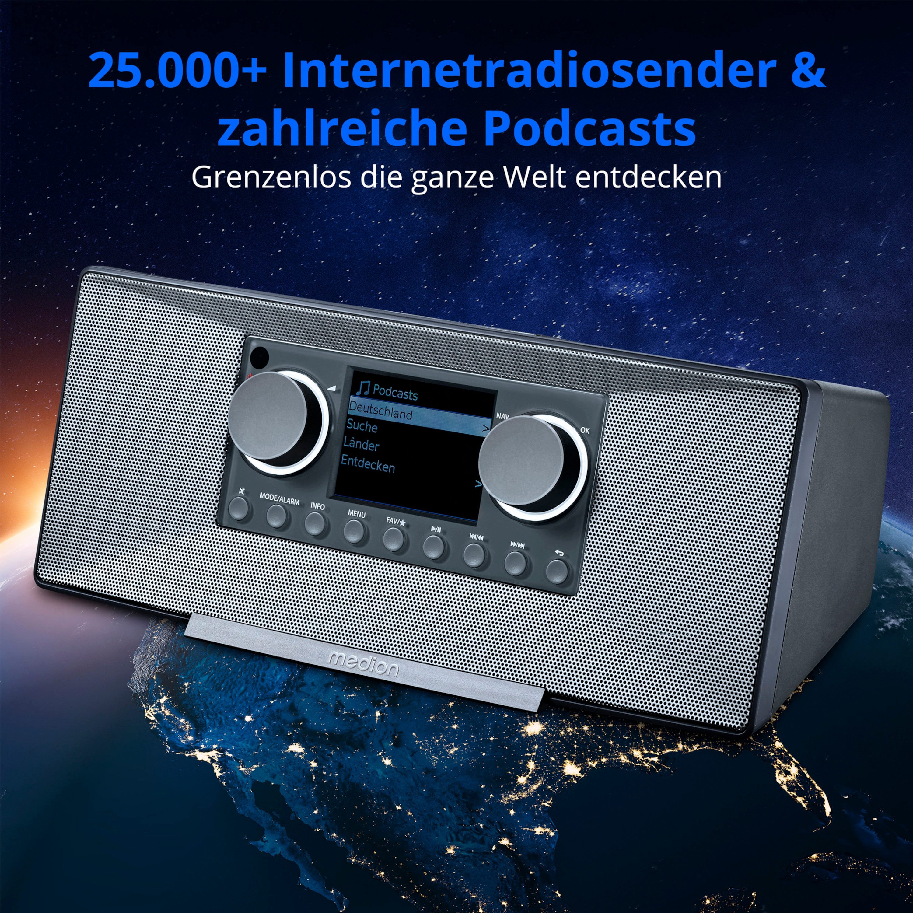 Medion® Stereo Internet Radio MEDION® P85333 (MD89289) Radio (Amazon Music, Spotify, WiFi, MW/UKW, DAB+, 6 W, DAB+, 7,1 cm (2,8) TFT-Farbdisplay, Bluetooth)