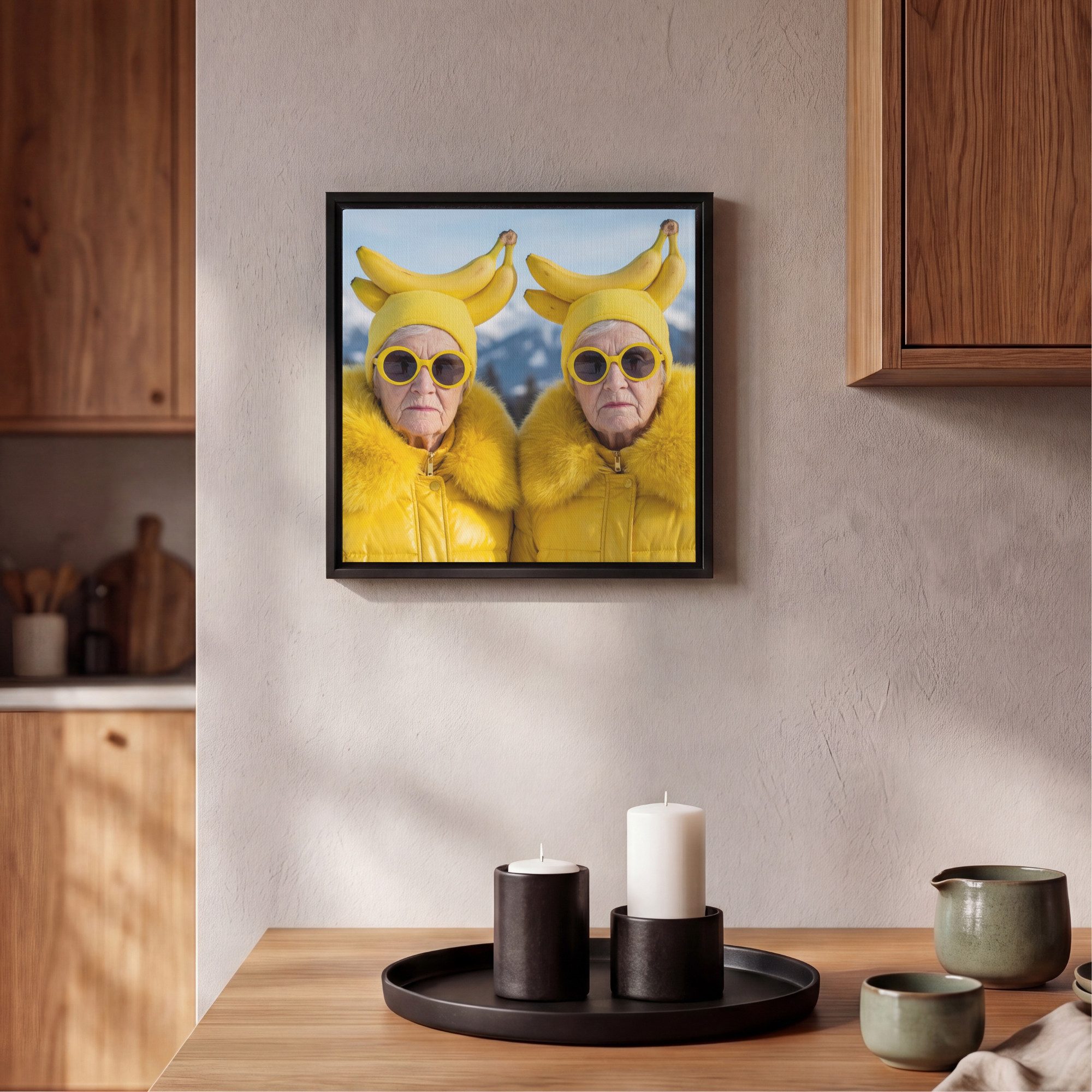 OneMillionCanvasses® Leinwandbild mit Rahmen - Frauen - Bananen - Gelb, Fotodruck (1 St), Leinwand Bilder Klein, Wand Dekoration Aesthetic 20x20cm
