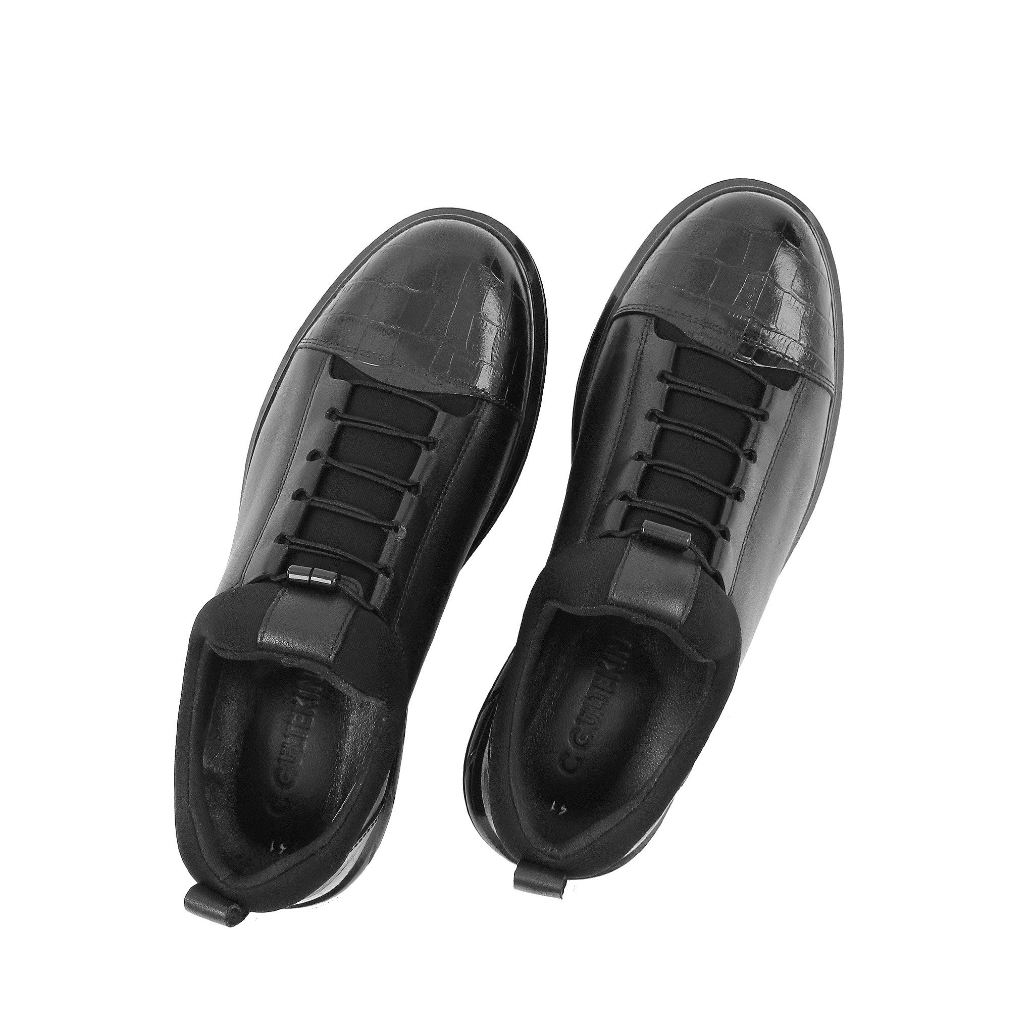 Celal Gültekin Herren Low-Top Sneaker aus schwarzem Leder Sneaker Krokodilprägung, edles Leder, Low-Top Form, stilvoll, Schwarz