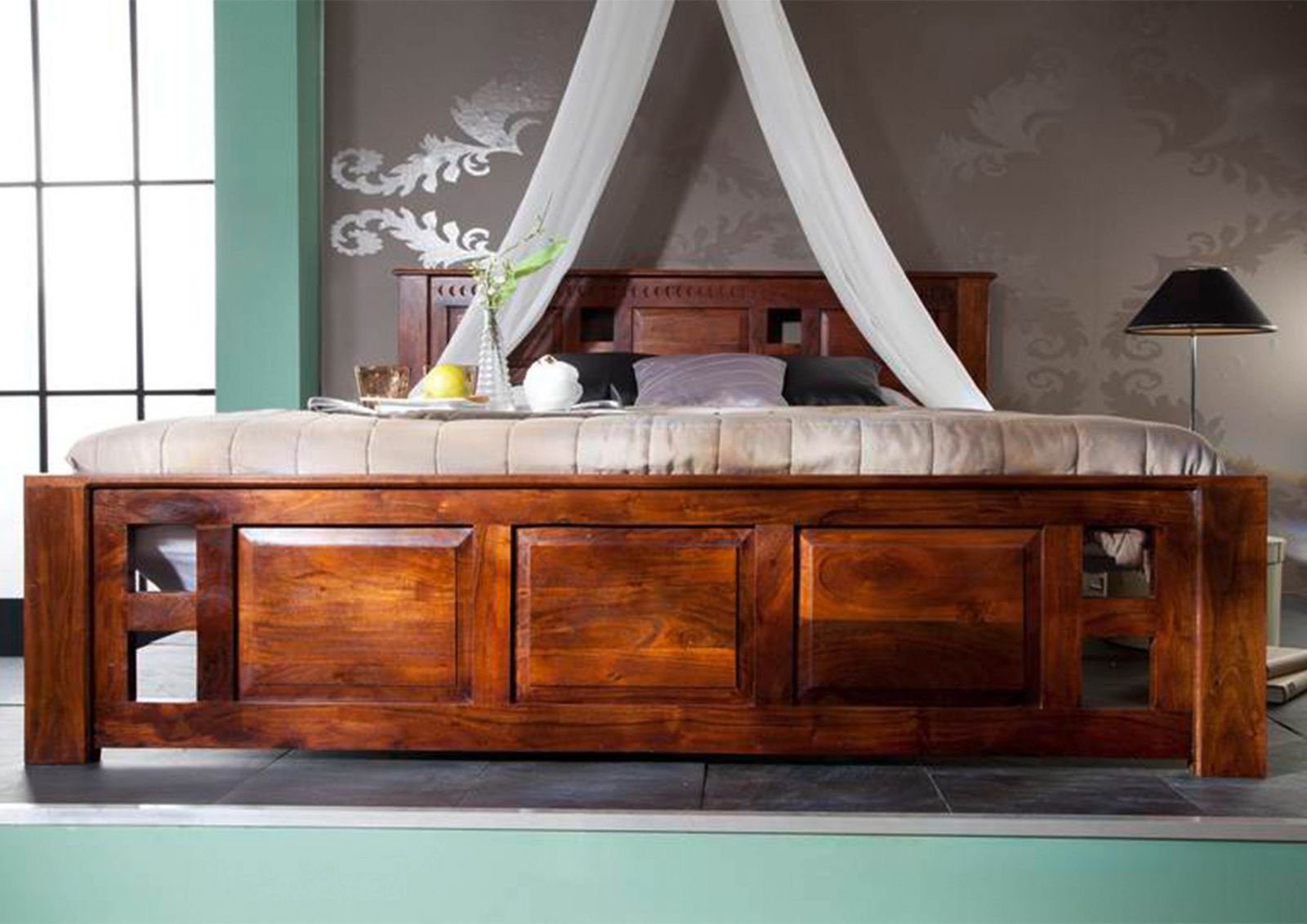 Massivmoebel24 Massivholzbett (Bett Akazie 200x200x90 nougat lackiert OXFOR günstig online kaufen