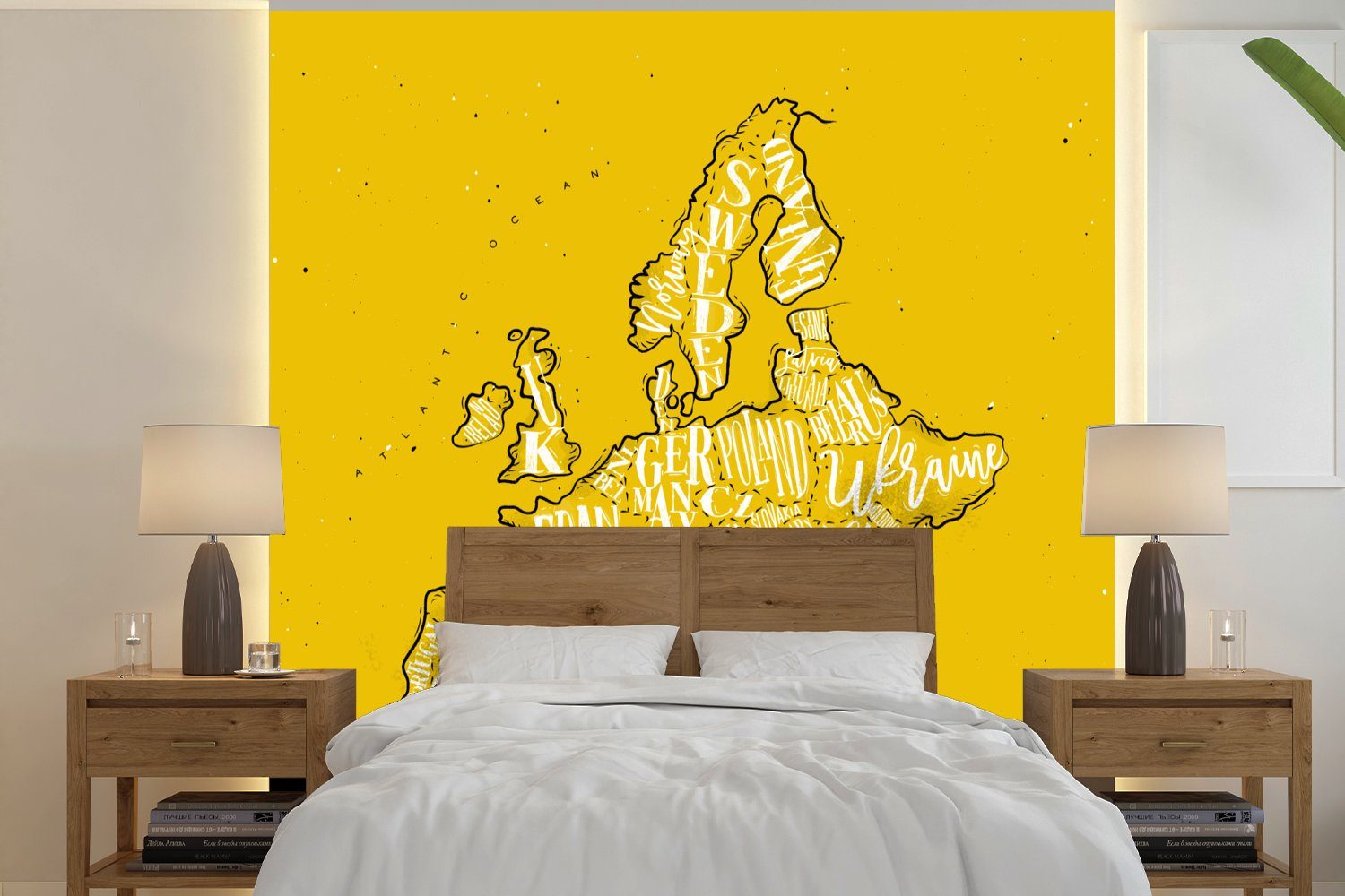 MuchoWow Fototapete Karte - Europa - Gelb - Weiß, Matt, bedruckt, (4 St), Vliestapete für Wohnzimmer Schlafzimmer Küche, Fototapete