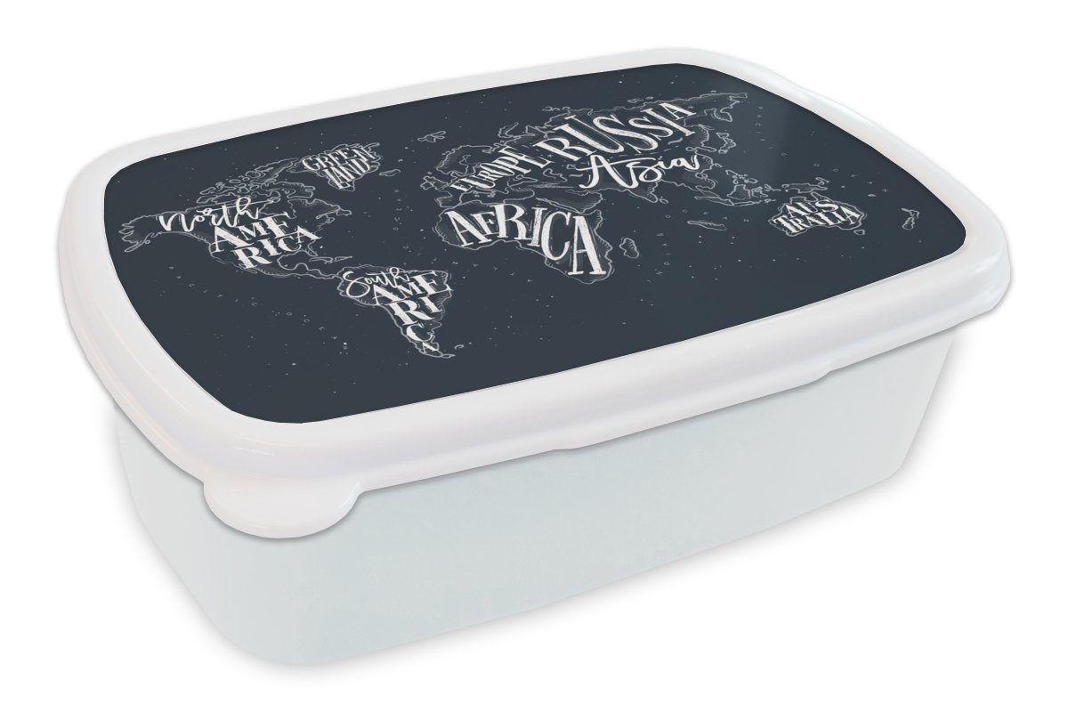 MuchoWow Lunchbox Weltkarte - Schwarz - Weiß - Buchstaben, Kunststoff, (2-tlg), Brotbox für Kinder und Erwachsene, Brotdose, für Jungs und Mädchen