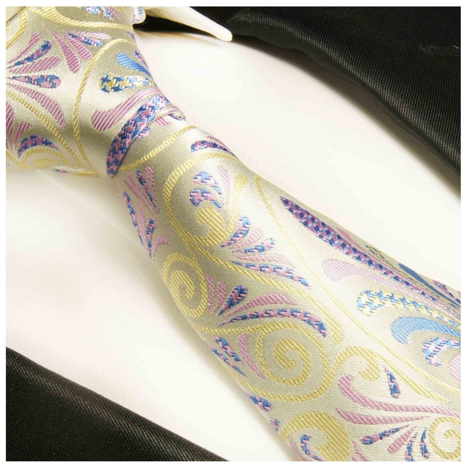 Paul Malone Krawatte Designer Seidenkrawatte Herren Schlips modern bunt floral 100% Seide Breit (8cm), gelb pink 489