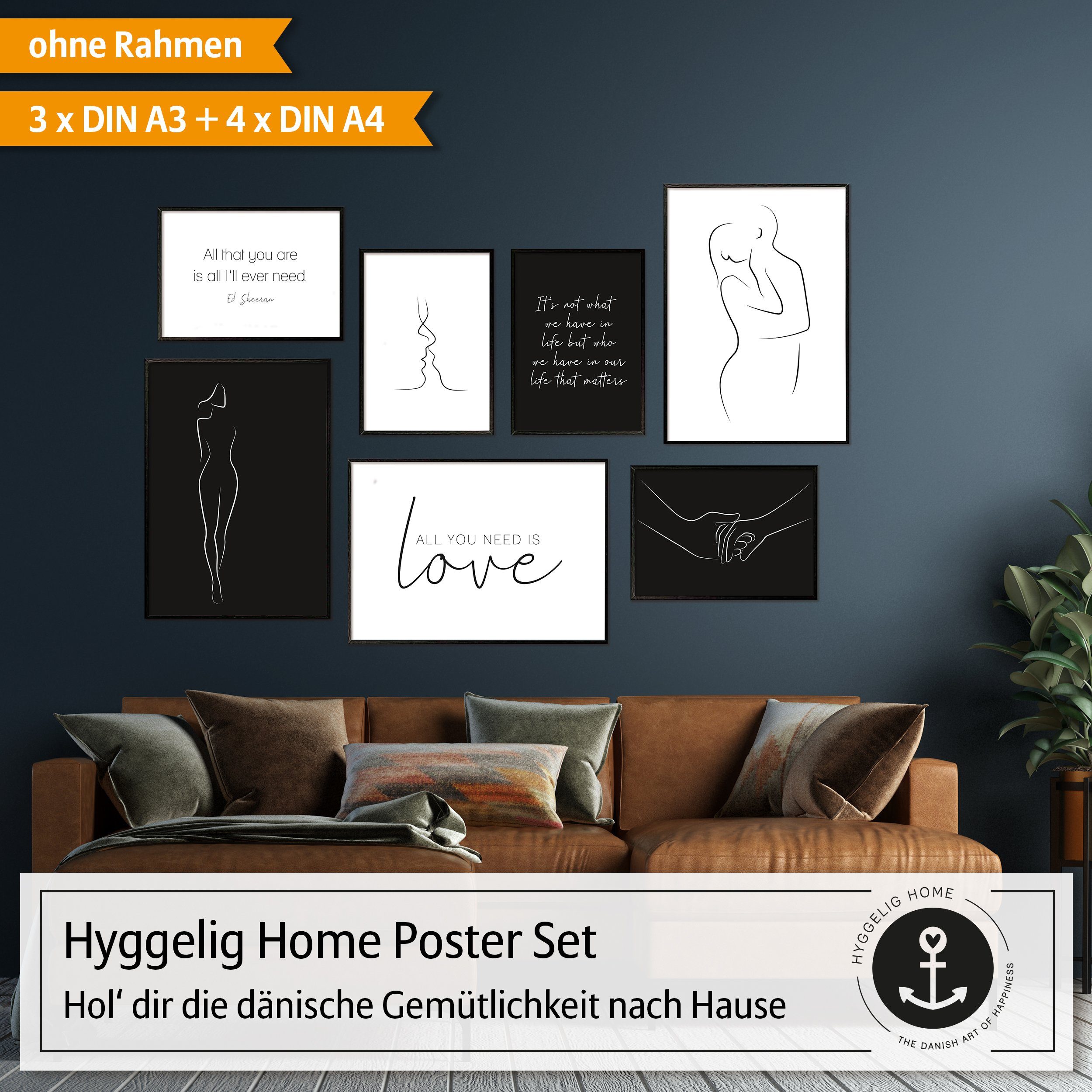 Hyggelig Home Poster Liebe - Premium Poster Set OHNE & MIT Rahmen - Wandbilder schwarz weiß, Abstrakt (Set, 7 St), Collage Paar, Qualitätsdruck auf dickem Papier