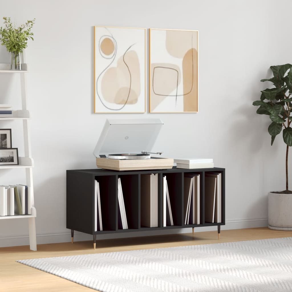 furnicato Media-Regal Schallplattenschrank 100x38x48 cm Schwarz aus Holzwerkstoff und Eisen, 1-tlg., LP-Regal mit Ablagefläche für Plattenspieler und stabilen Beinen