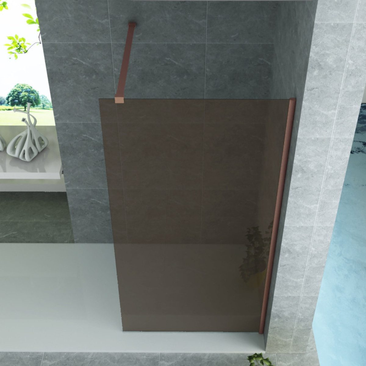 Belvit Walk-in-Dusche Duschabtrennung Duschglas Bronze mit Kupferprofil 8mm, Sicherheitsglas, Anti-Kalk-Versiegelung – Bild 3 von 4