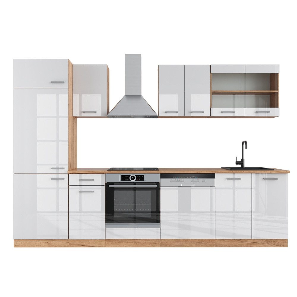 Vicco Küchenzeile R-Line, Weiß Hochglanz/Goldkraft Eiche, 300 cm, AP Eiche