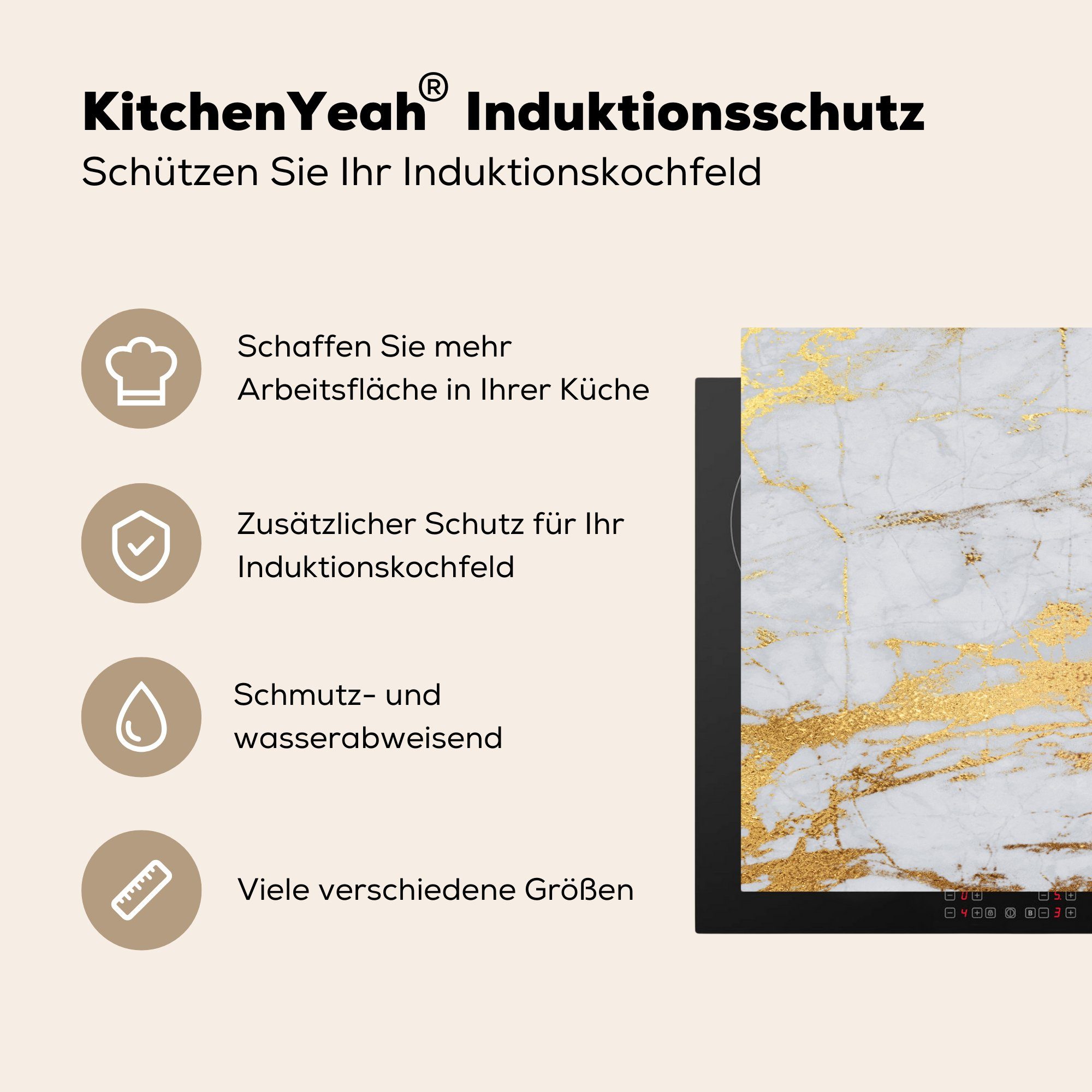 küche tlg), Ceranfeldabdeckung, Vinyl, - - für Gold Stein, 78x78 (1 MuchoWow - Herdblende-/Abdeckplatte Marmor Arbeitsplatte Grau cm,