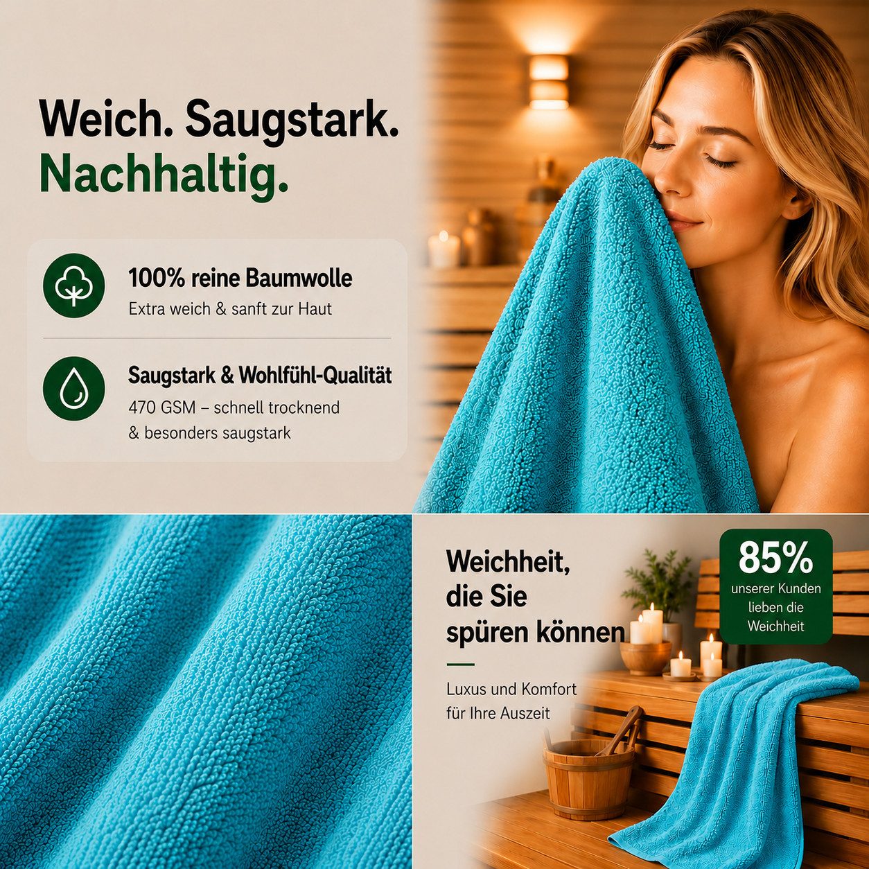 Komfortec Handtuch Set 4x Premium Badetuch Set - 70x140 cm, Frottee (4-St), 4x Handtuch-Set, 100% Baumwolle, mit Bordüre, Weich & Saugstark