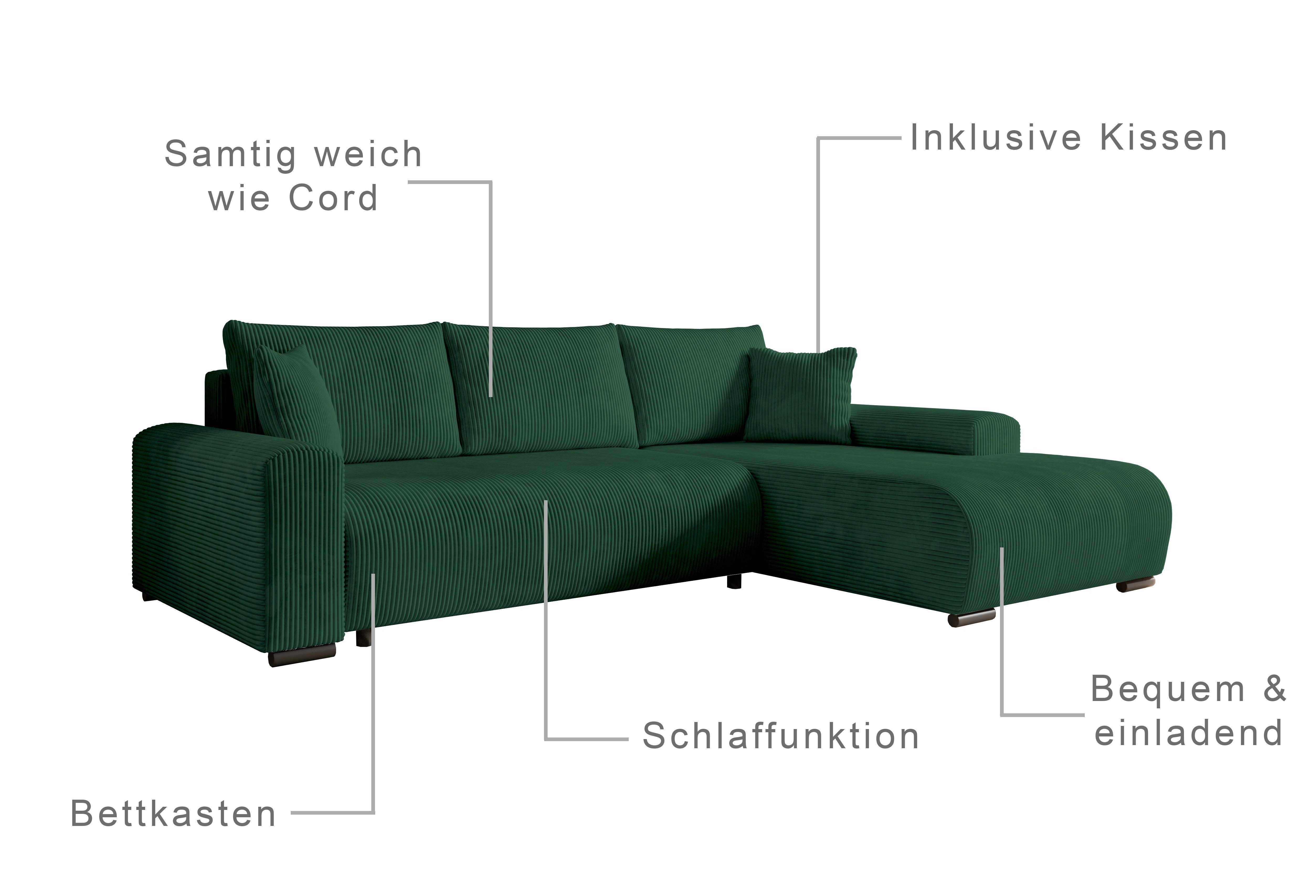 storez24 Ecksofa Ellen, mit Bettkasten und Schlaffunktion, Cordstoff, L-Form, bequem