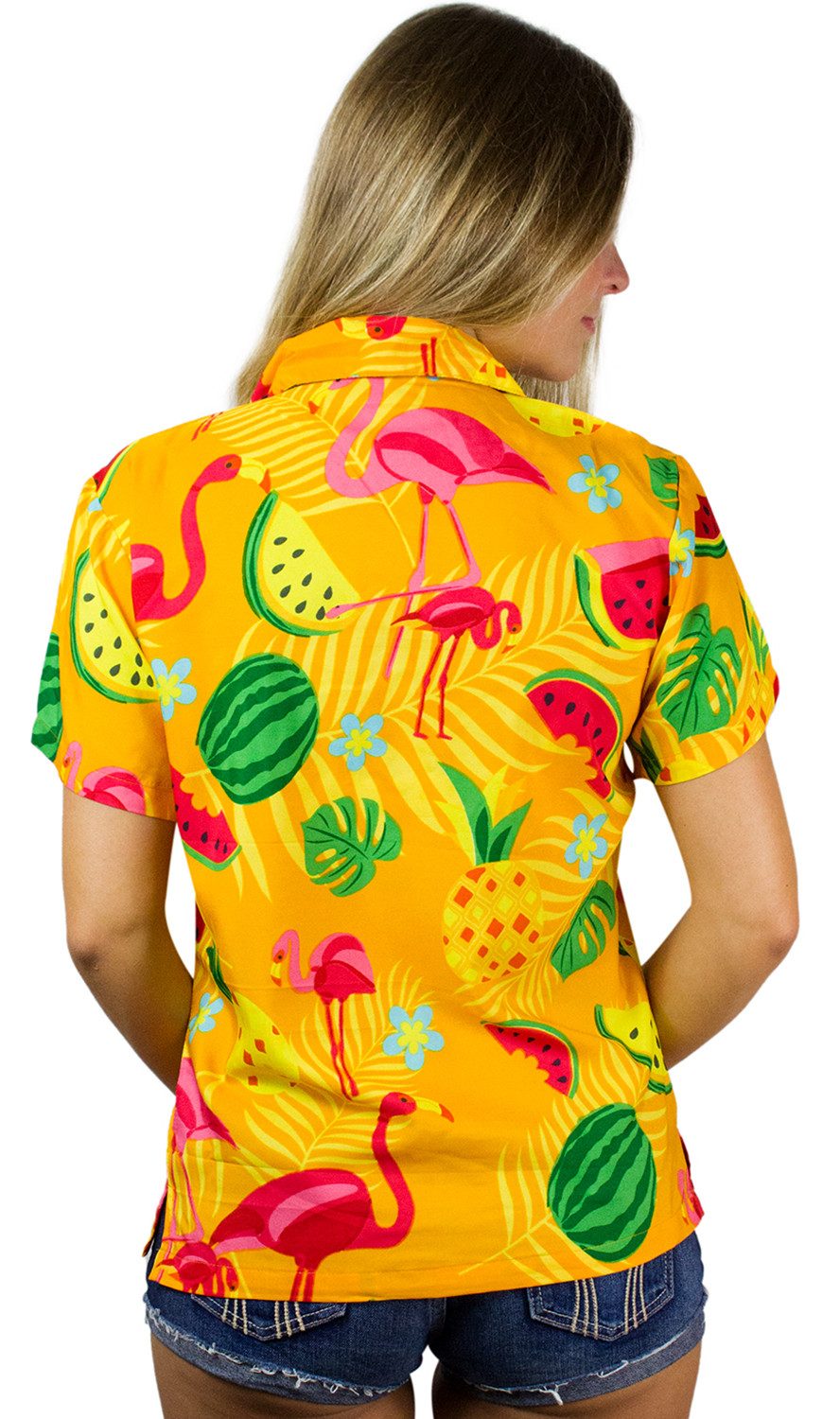 King Kameha Hawaiihemd Flamingo Melone Funky Hawaiibluse Damen Kurzarm Front-Tasche Stylish
