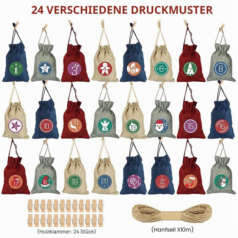 Bomiclss Adventskalender Adventskalender zum Befüllen 24 Jutebeutel Stoffbezug gedruckt, Wiederverwendbar, Weihnachtskalender Jutesäckchen – Bild 2 von 5