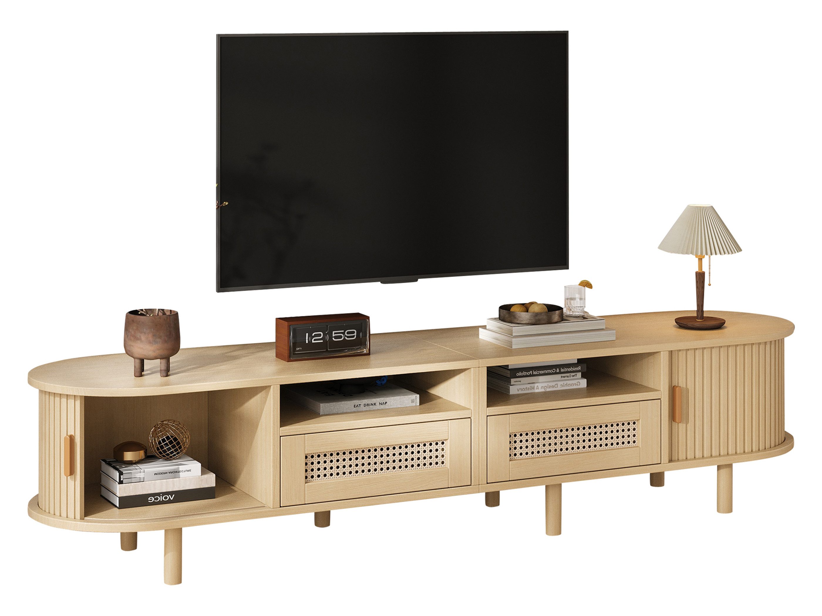 SeedWave Lowboard Ovaler TV Schrank mit 2 Schiebetüren, Schubladen mit Rattanfront, Fernsehschrank mit 8 Massiveholzfüßen, Rückprallvorrichtung