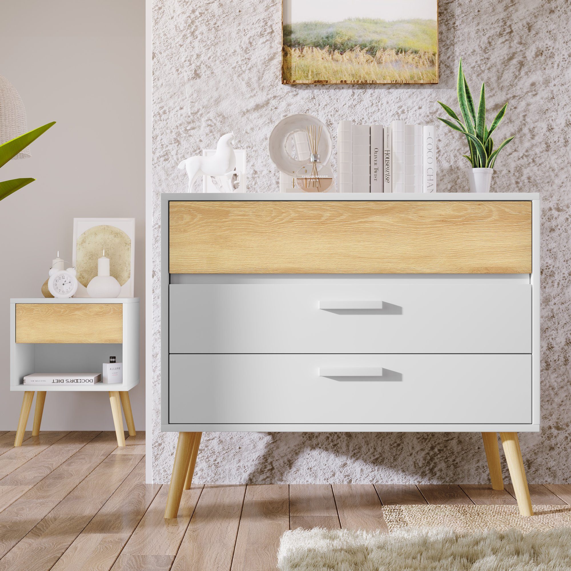 Fächerschrank Schubladenkommode, Odikalo Sideboard 3 Schubladen, Highboard Weiß