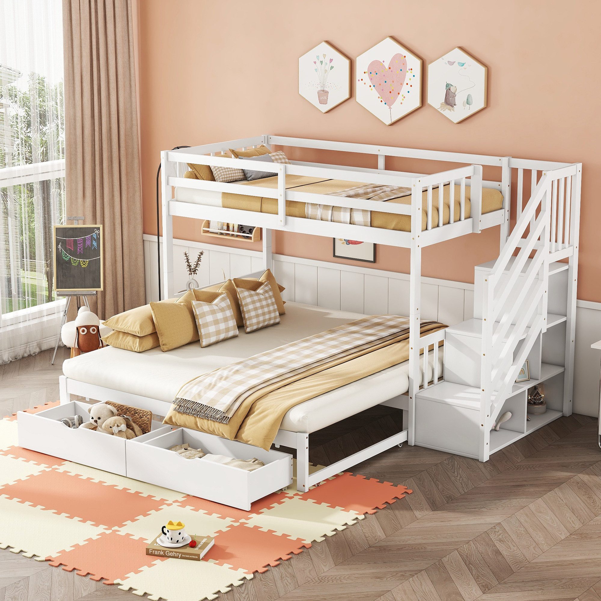 Odikalo Etagenbett Jugendbett Ausziehbett SchritteSchubladen Weiß90x200cm(ohne Matratze)