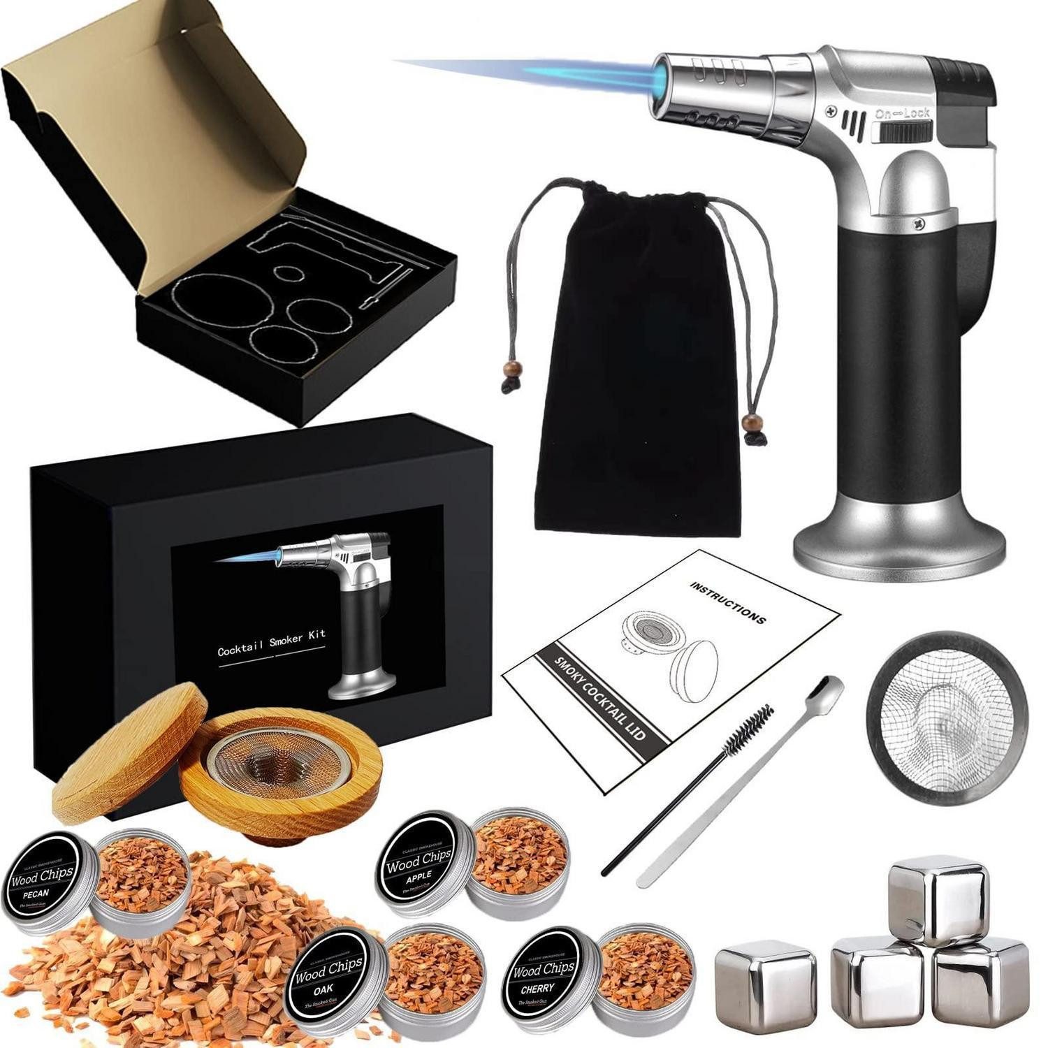 LuxusKollektion Cocktail Shaker Whiskey Smoker Kit Dunkelgrau, Holz
