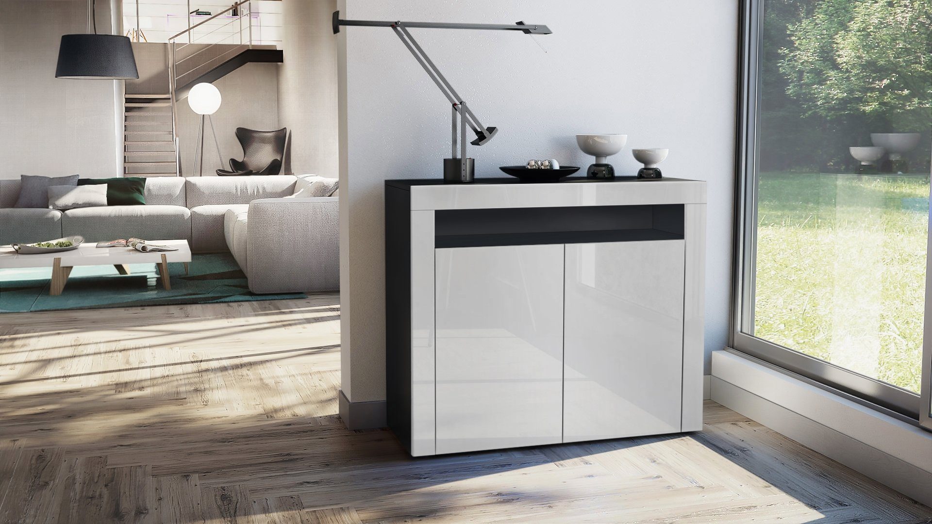 Vladon Kommode Valencia (Kommode, Sideboard mit 2 Türen und 1 offenem Fach), Schwarz matt/Weiß Hochglanz/Weiß Hochglanz (108 x 92 x 40 cm)