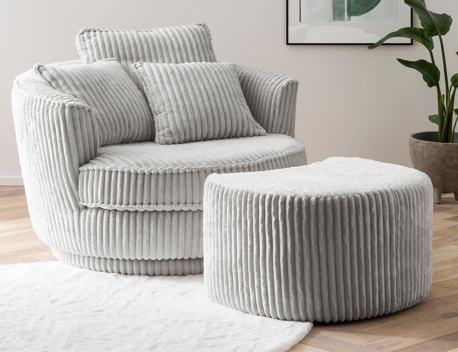 Furn.Design XXL-Sessel Comfy (Love Seat in Cord hellgrau, inklusive Hocker) günstig online kaufen