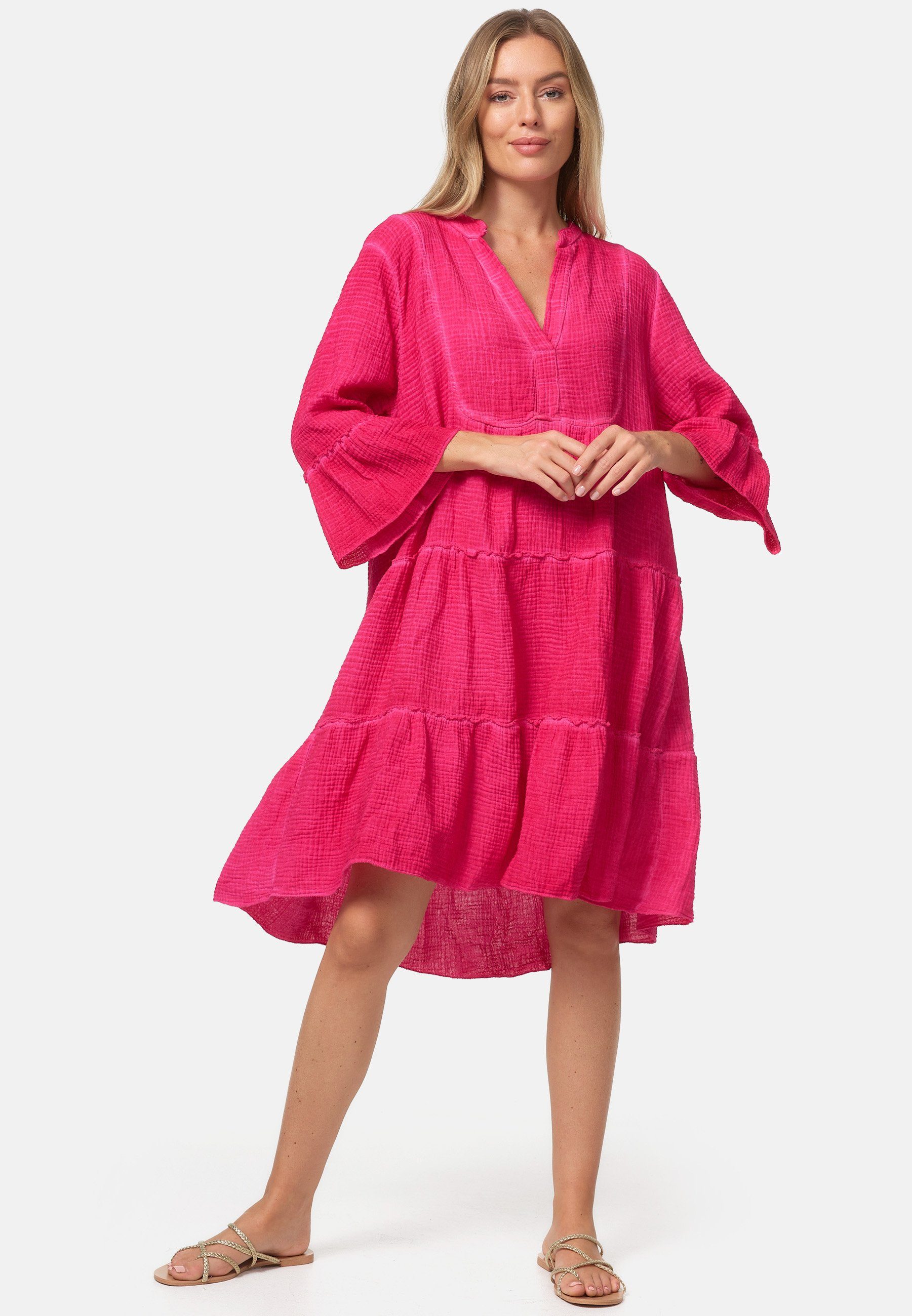 Rayshyne Sommerkleid PM39 (Leichtes Sommer Minikleid aus Musselin mit Rüschen) Musselin, Baumwolle, Rüschen, 3/4 Ärmel, Oversize