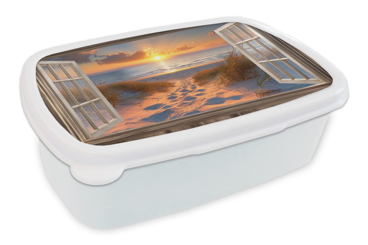 MuchoWow Lunchbox Durchblick - Strand - Dünen - Sonnenuntergang, Kunststoff, (2-tlg), Brotdose Schule oder Arbeit, Brotbox für Kinder und Erwachsene