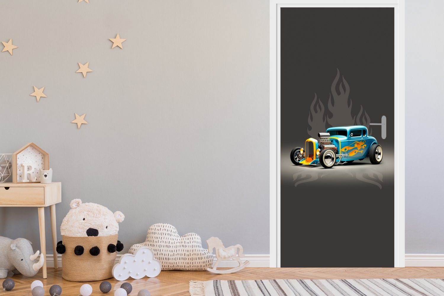 MuchoWow Türtapete Auto - Oldtimer - Flammen - Blau, Matt, bedruckt, (1 St), Selbstklebende Tapete, Folie für Möbel, 75x205 cm