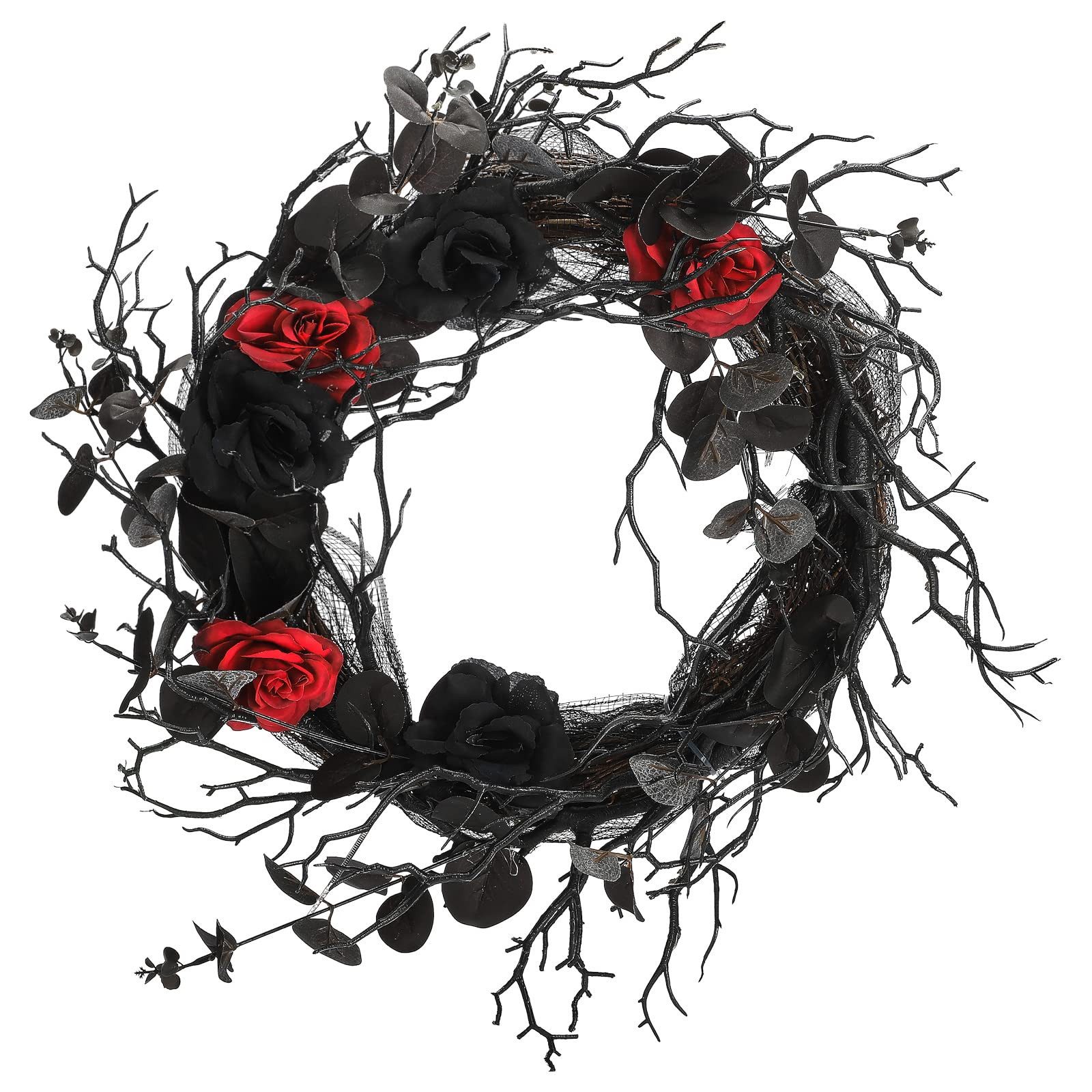 Coonoor Dekokranz Schwarzer Halloween-Türkranz mit Eukalyptusblättern und roten Rosen, Gotischer Halloween-Dekokranz aus schwarzen Eukalyptuszweigen