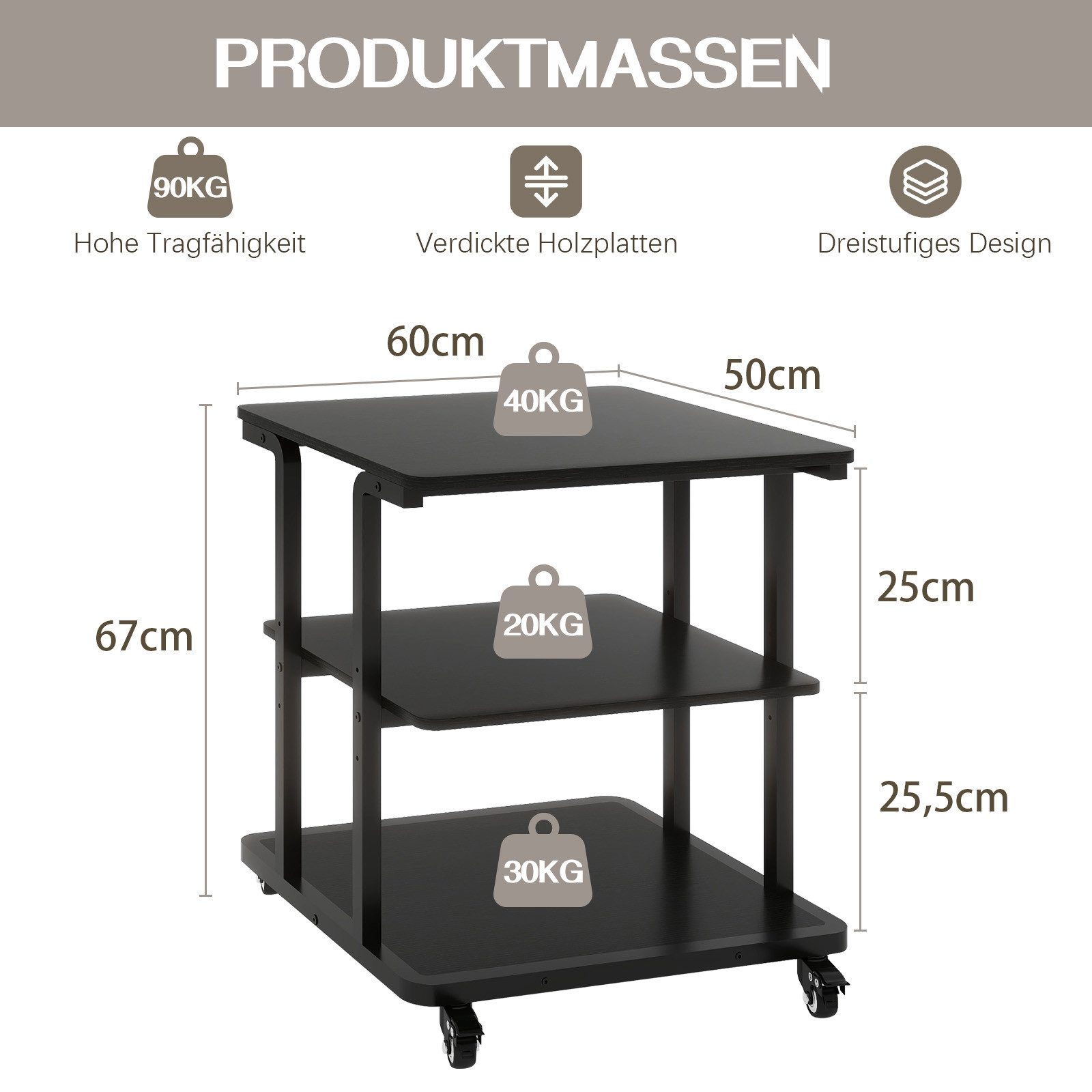 PUNCIA Druckertisch mit 3 Ebenen, Druckerständer mit Rollen – Mobiler Druckerwagen (1-St), Stabiler Mehrzwecktisch mit verstellbarer Etage, 60 × 50 × 67 cm