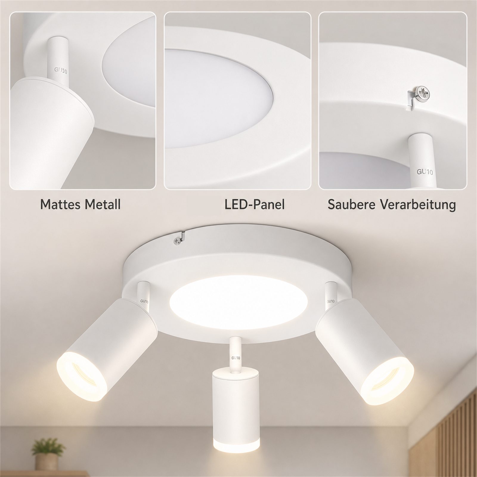 ZMH Deckenstrahler 3 Flammig Schwarz/Weiß GU10 Deckenlampe 20W 3000K für Flur und Küche, Einfache Installation, LED fest integriert, ohne Leuchtmittel, Warmweiß, Schwenkbar 350° Modern Küchenlampe Deckenspots