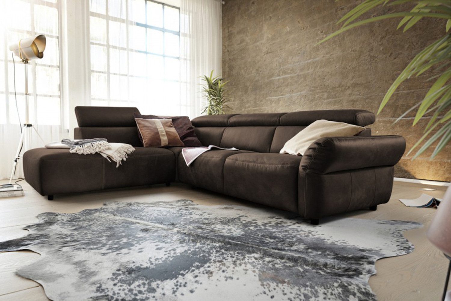 KAWOLA Ecksofa RISO, Couch L-Form rechts oder links Leder Sitztiefenverstellung, 263x240 cm