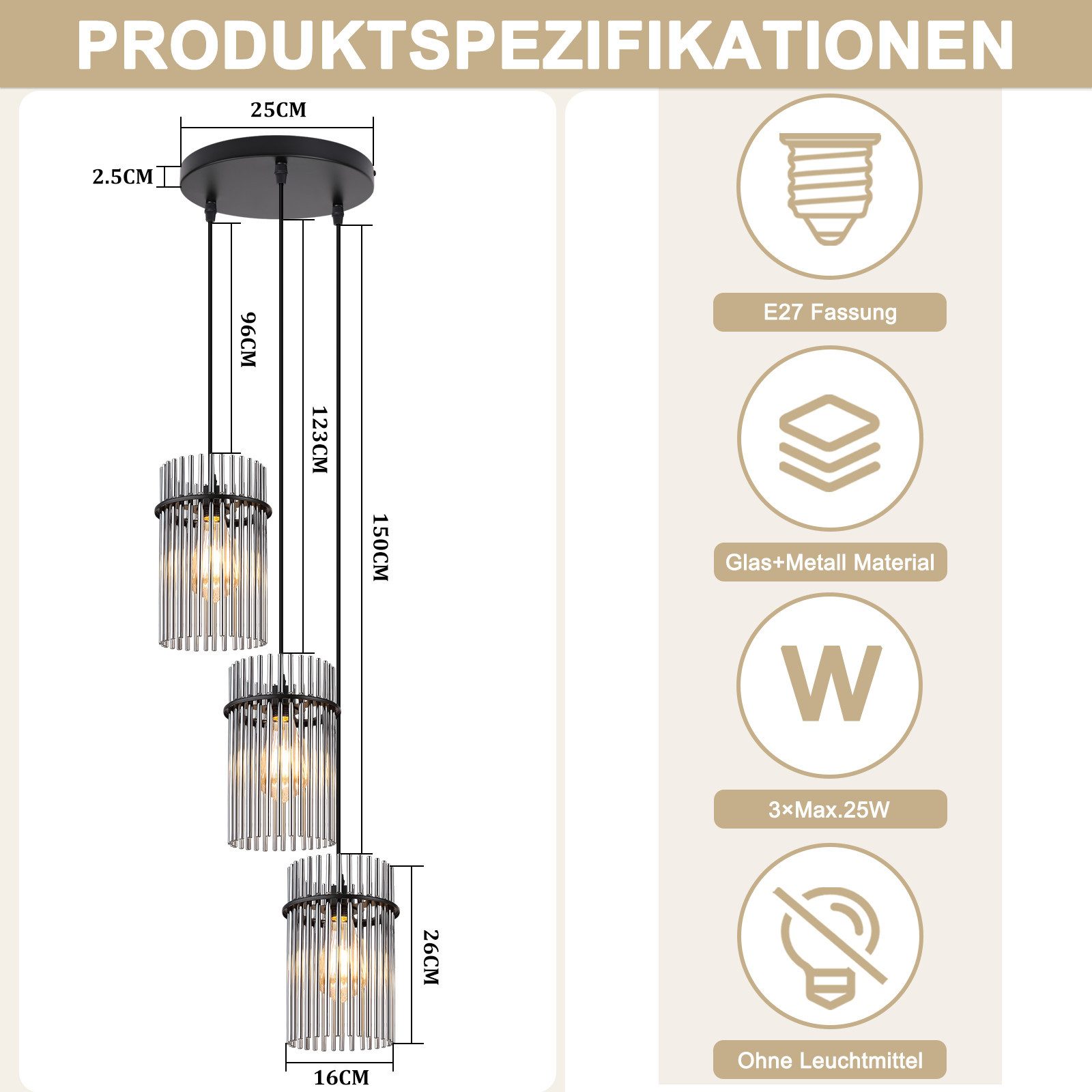 ZMH Pendelleuchte Esstisch Hängelampe 2/3/5 Flammig mit Glas & Metall E27, ohne Leuchtmittel, moderne Pendelleuchte höhenverstellbar für Esszimmer Bar, Hotel