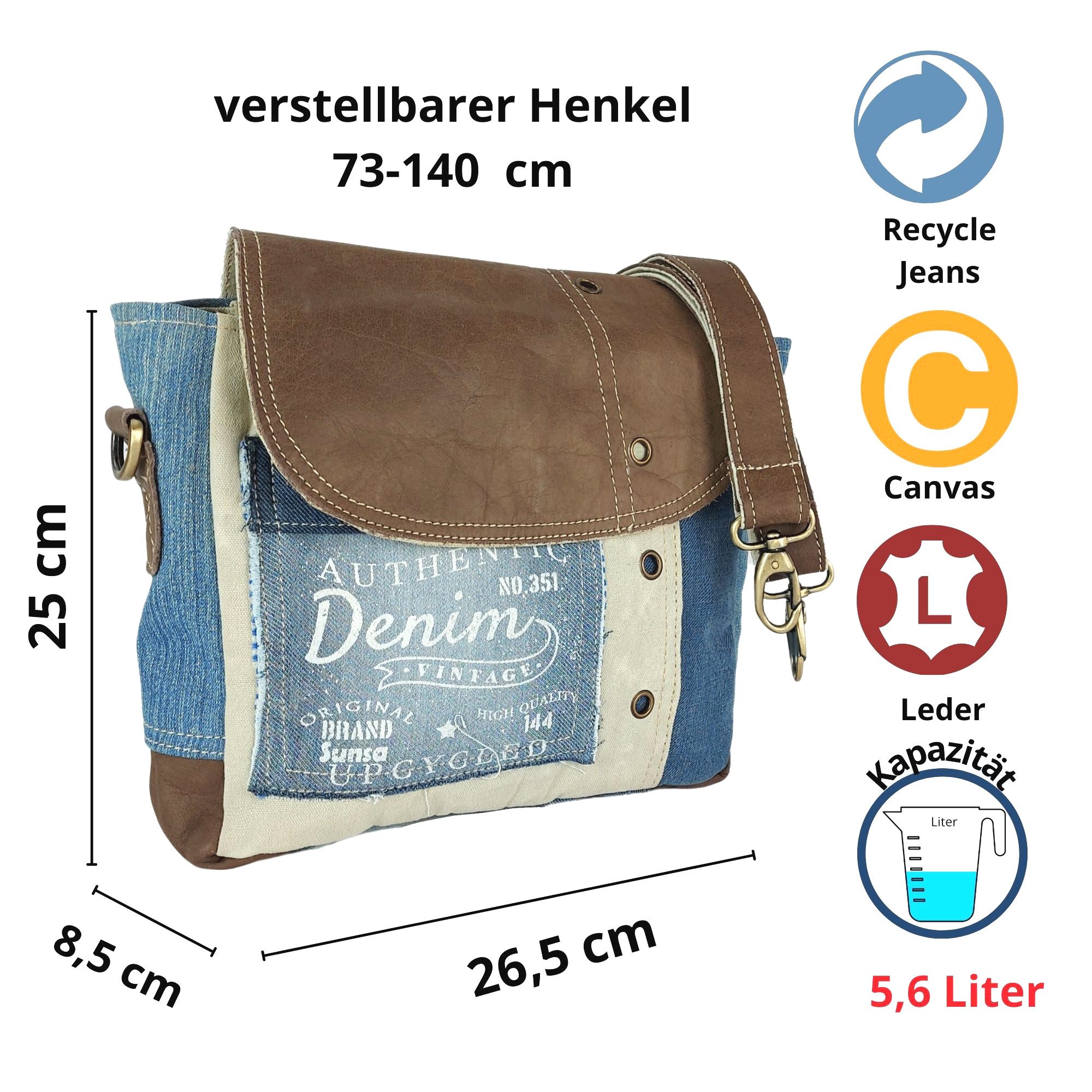 Sunsa Messenger Bag Sunsa Jeanstasche Nachhaltige Umhängetasche Messenger Tasche, Vintagestill aus Recycelte Jeans Hose