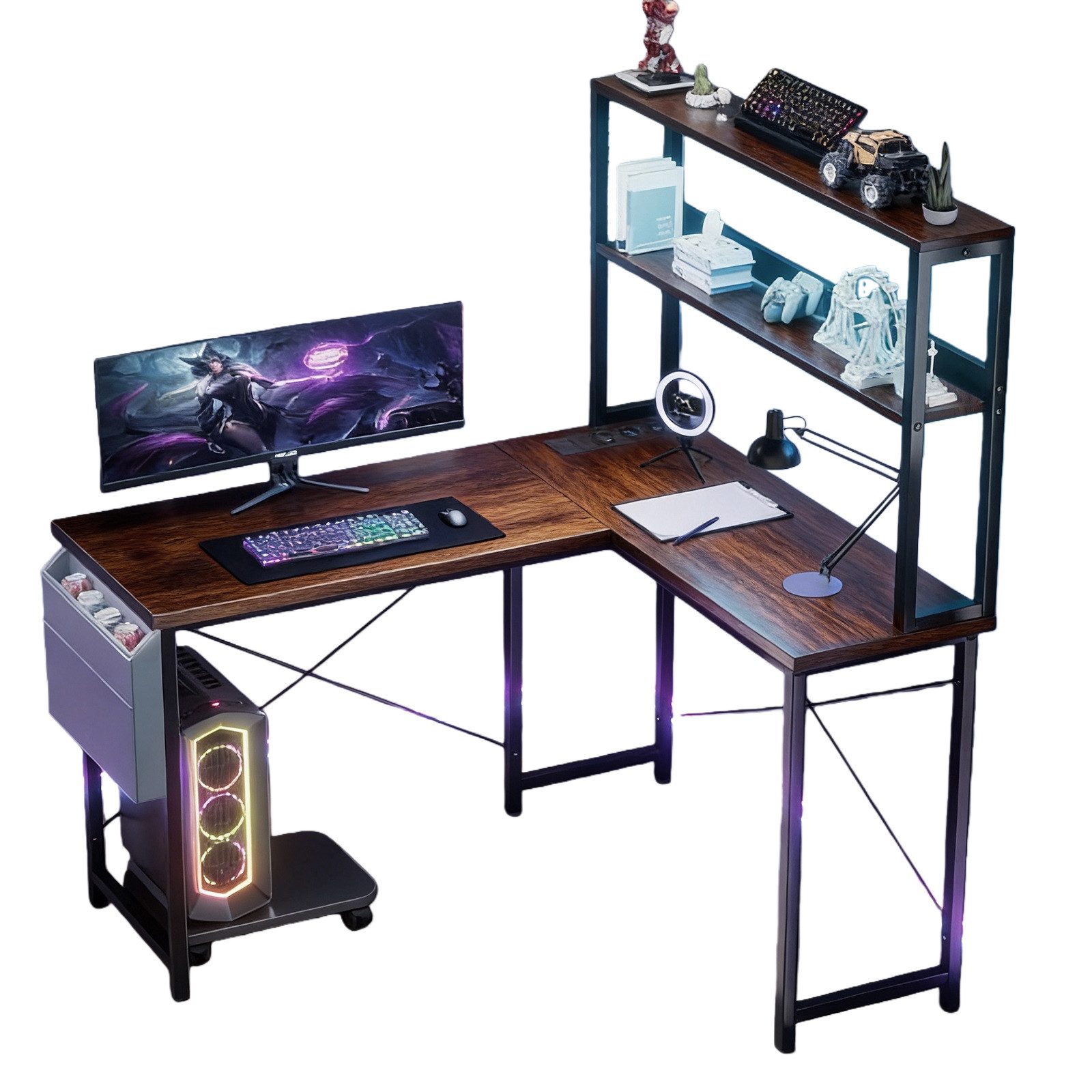 BBWL Computertisch Doppelstock-Computertisch mit RGB-LED, integrierter Steckdosenleiste, 135 × 100 × 75cm, PVC-Kanten und flexiblem PC-Halter